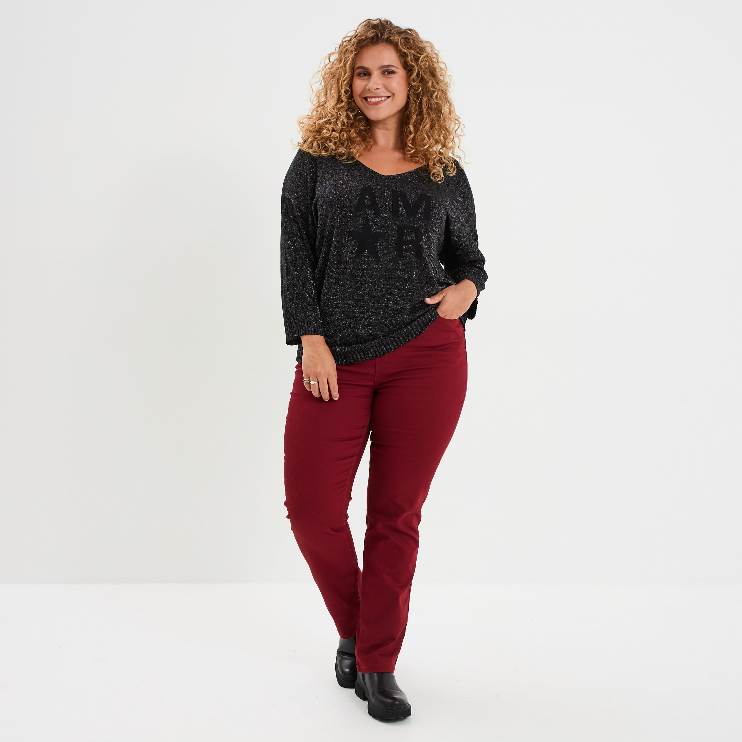 Pull manches 3/4 chauve-souris noir femme grande taille