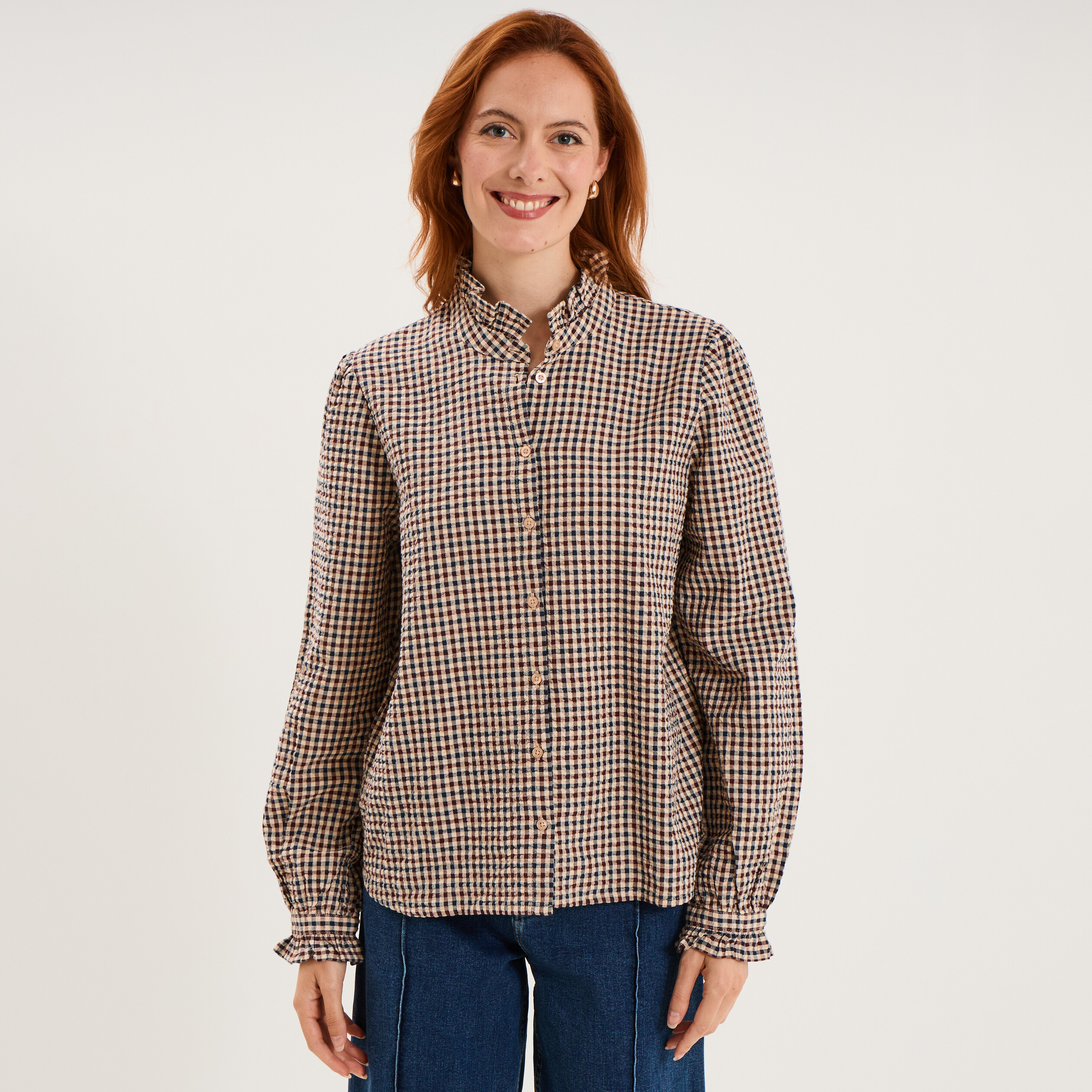 Chemise &agrave; volants manches longues bordeaux femme