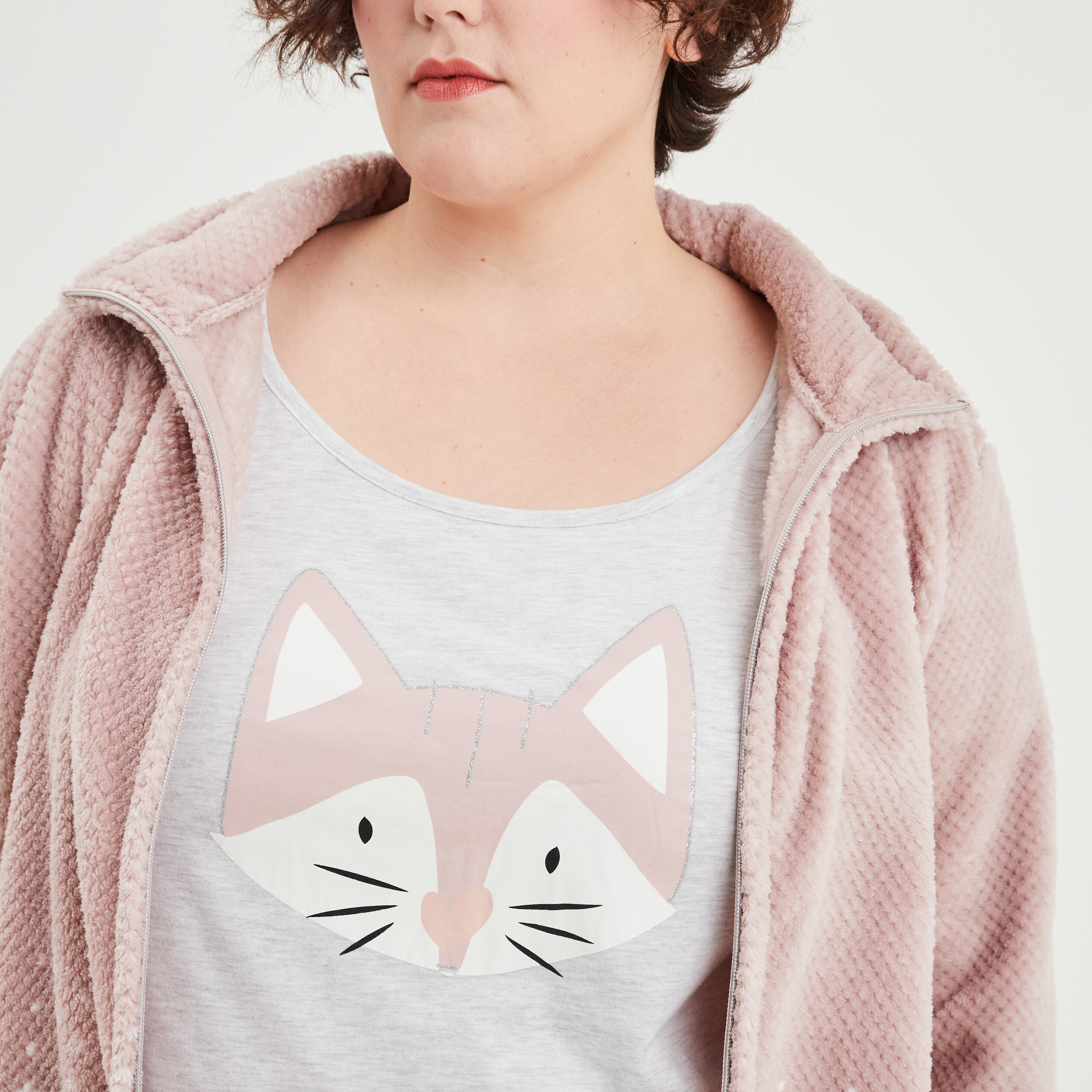 Ensemble pyjama 3 pièces gilet pilou rose pastel femme grande taille