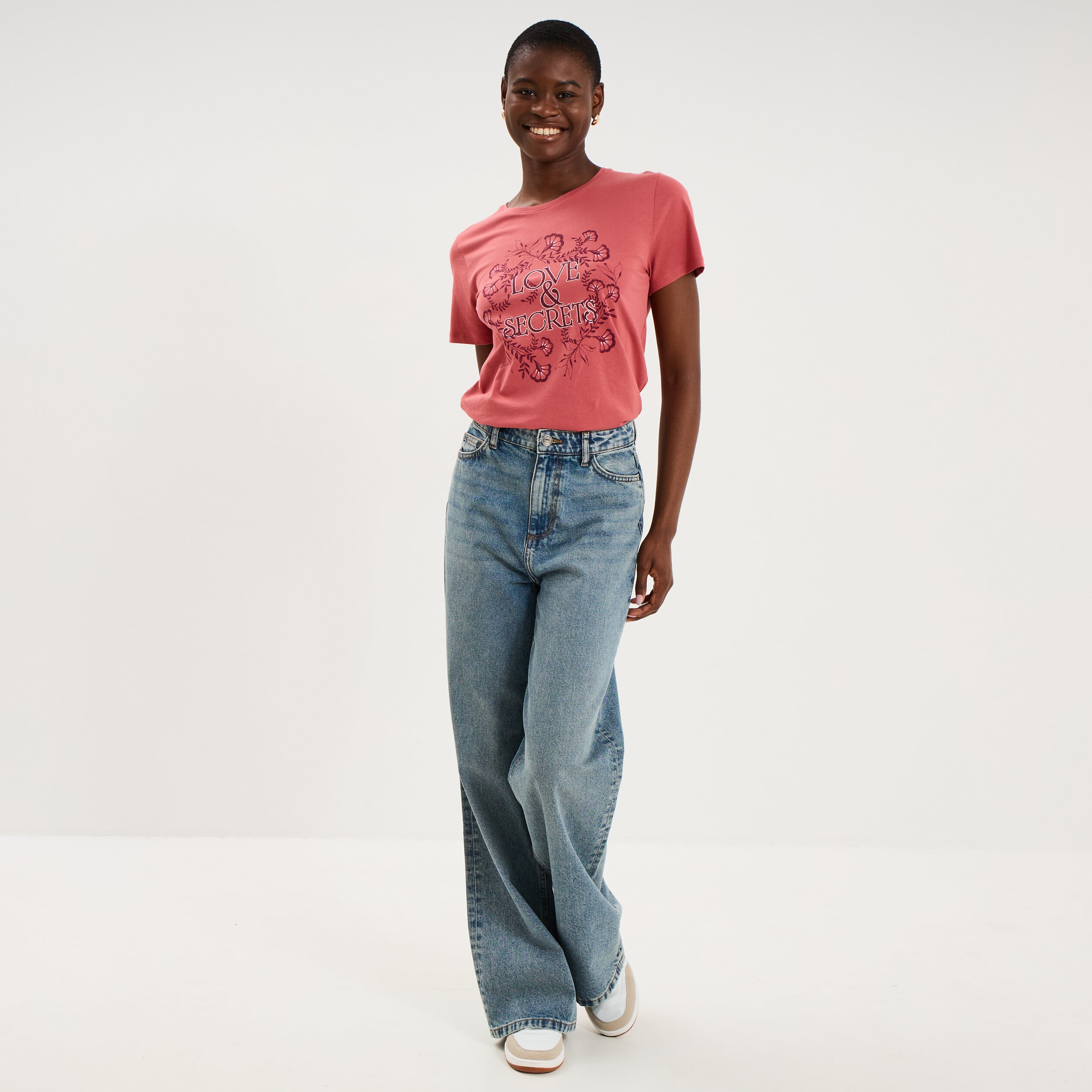 T-shirt ajust&eacute; manches courtes coton vieux rose femme