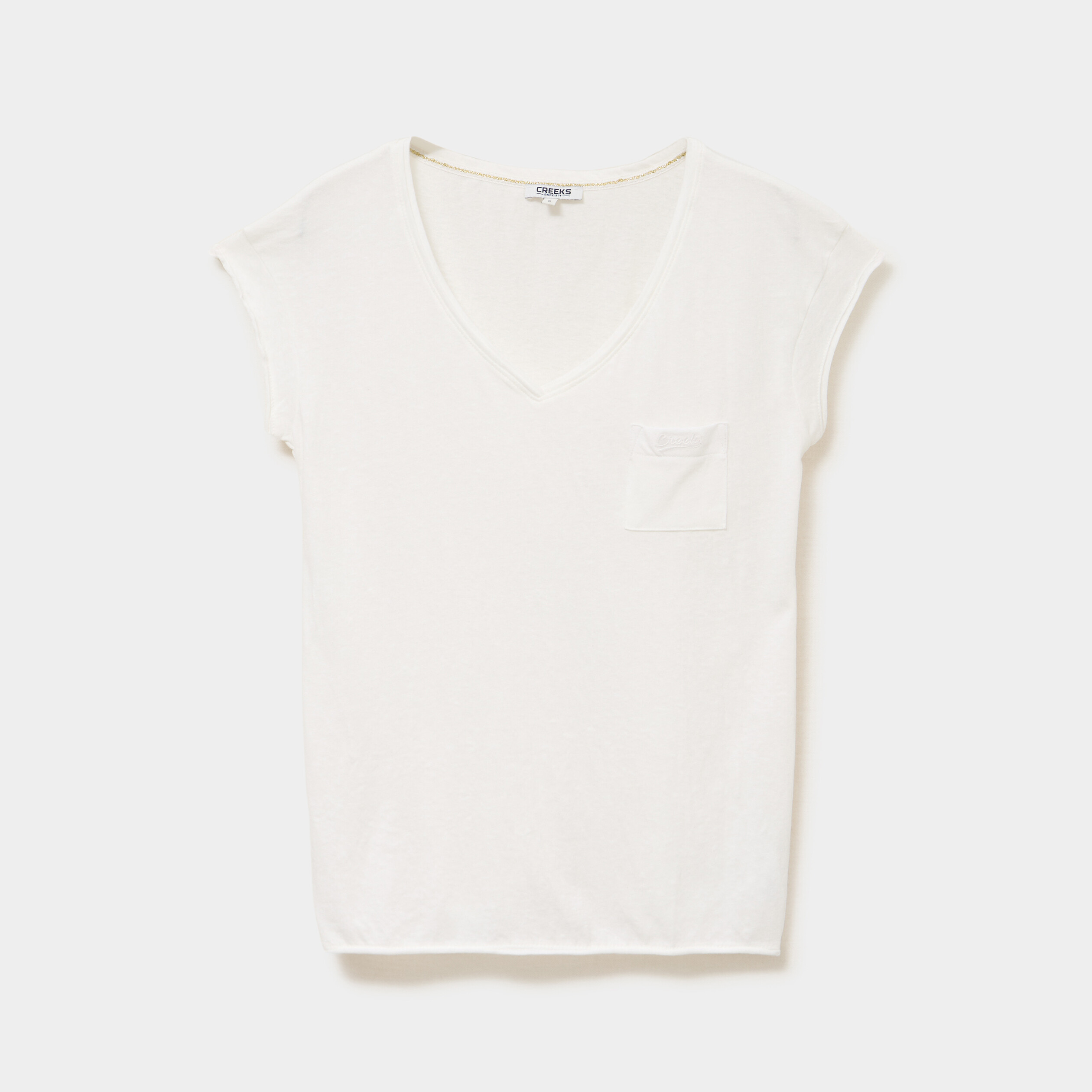 T-shirt col v poche poitrine blanc femme