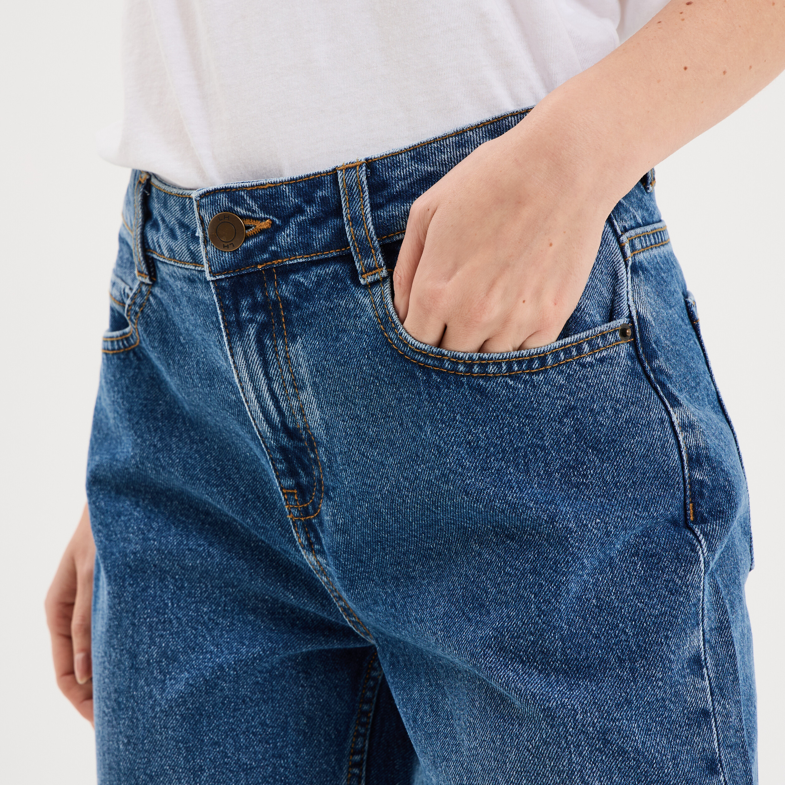 Jean droit cropped bas revers denim stone femme