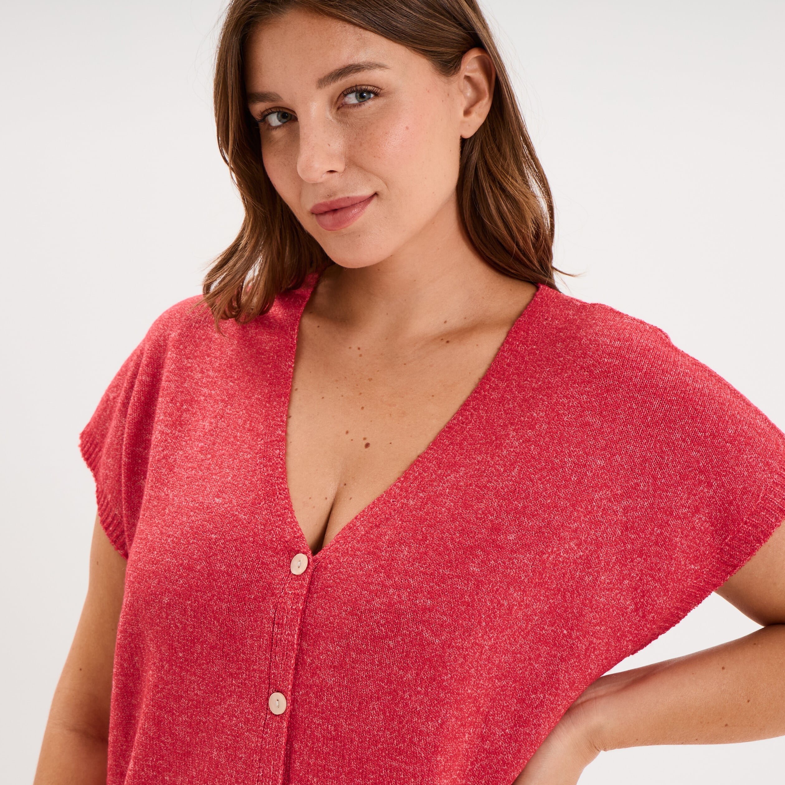 Gilet manches courtes col en V rose cerise femme grande taille