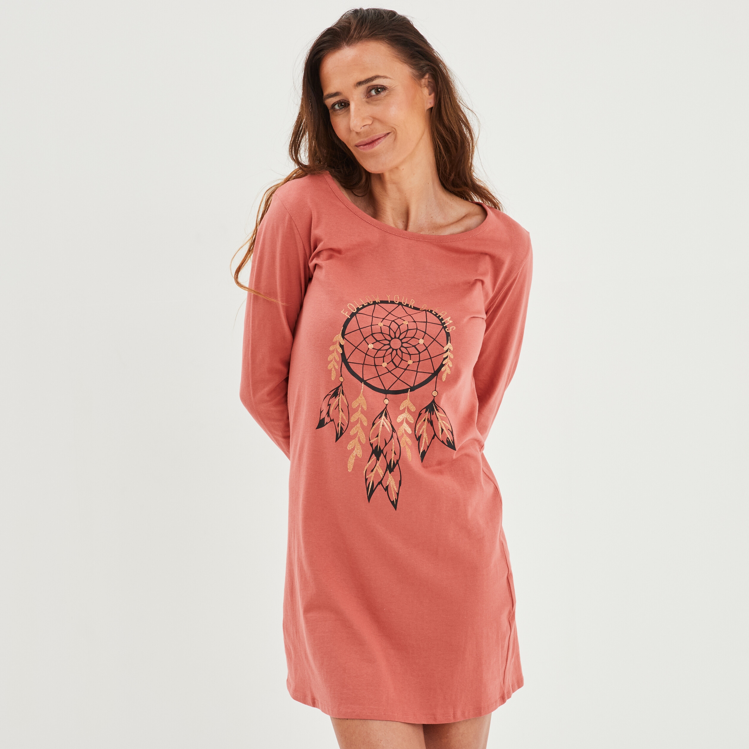Chemise de nuit manches longues coton vieux rose femme