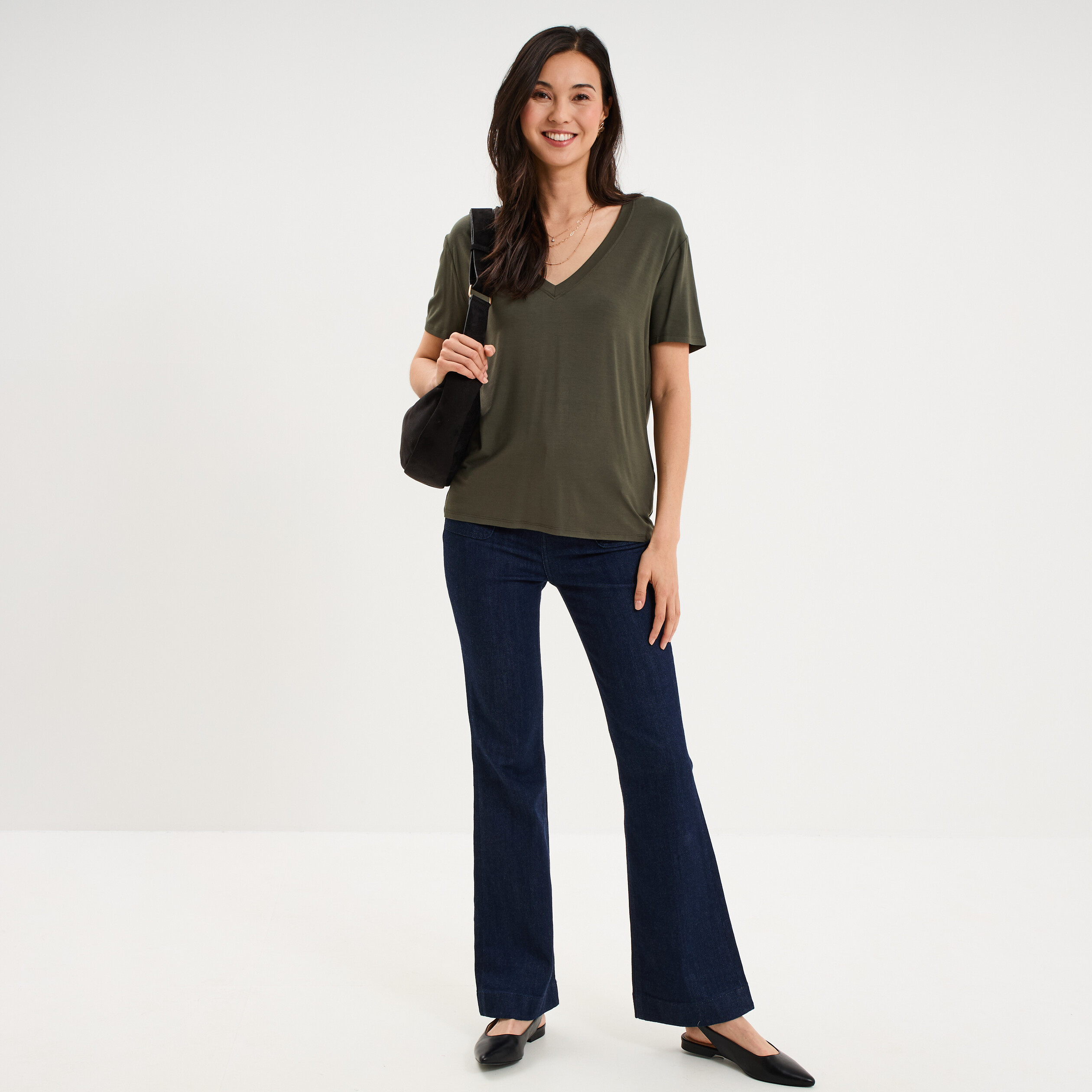 T-shirt fluide col en V manches courtes vert kaki femme