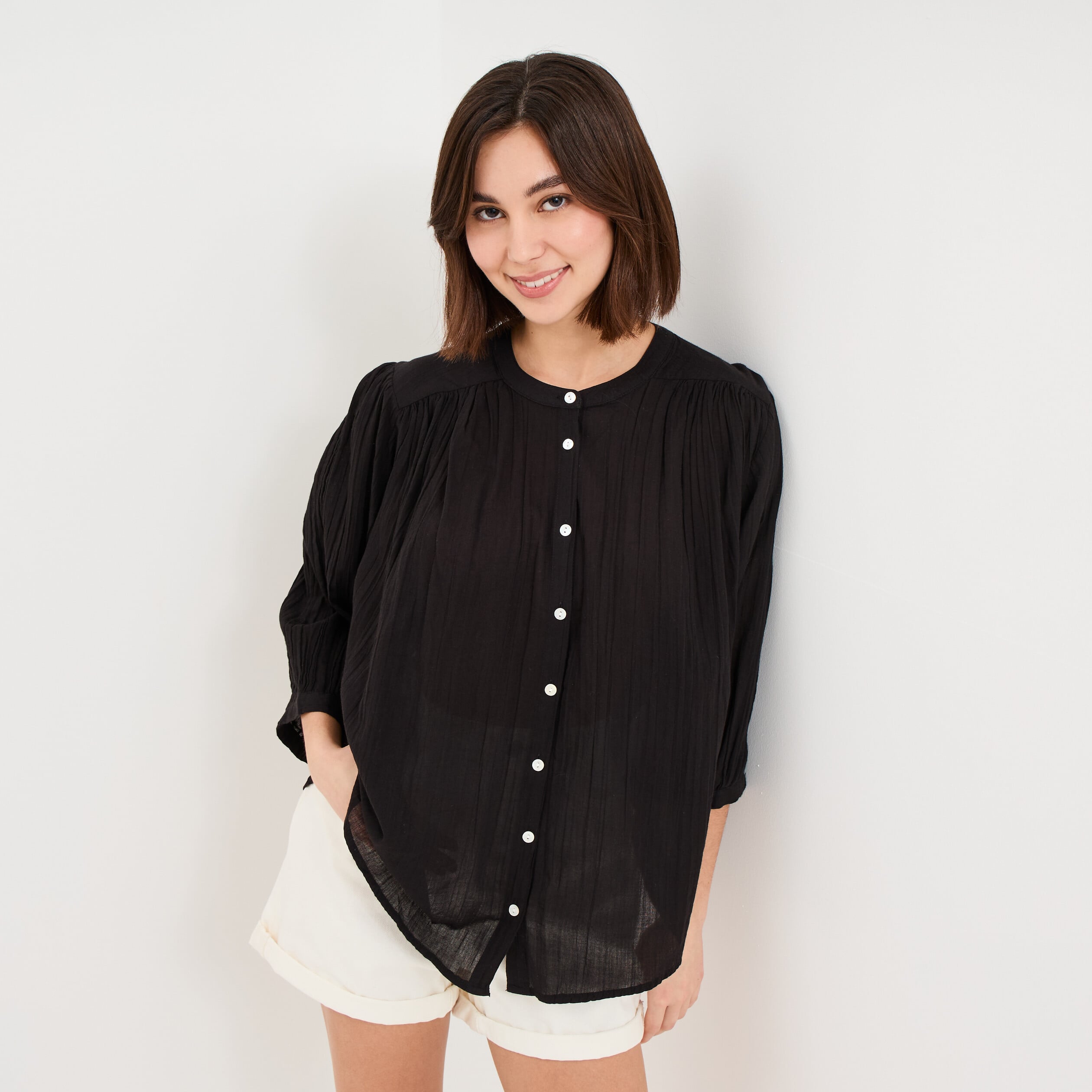 Blouse fluide oversize manches 3/4 coton noir femme