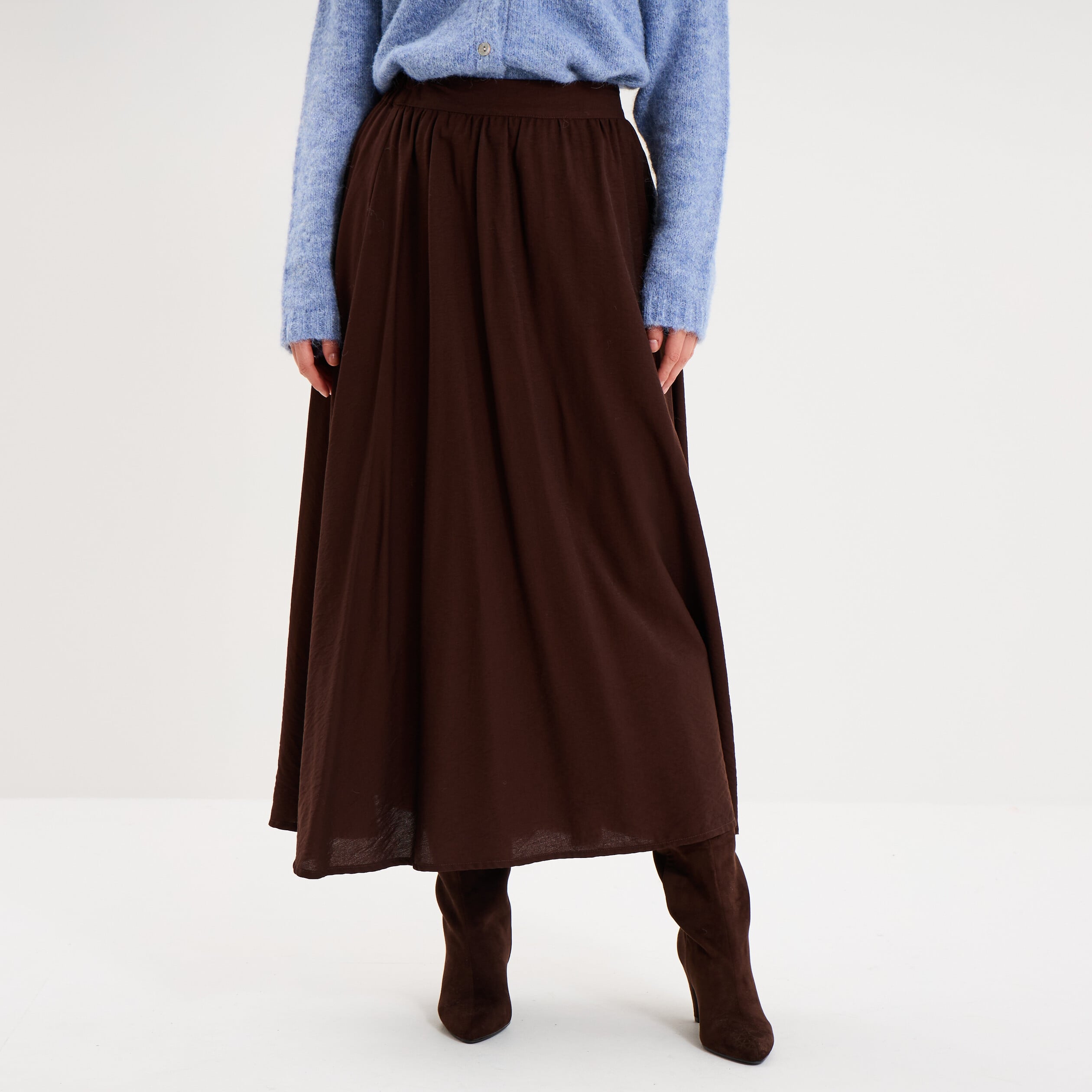 Jupe longue &eacute;vas&eacute;e taille &eacute;lastiqu&eacute;e marron fonc&eacute; femme