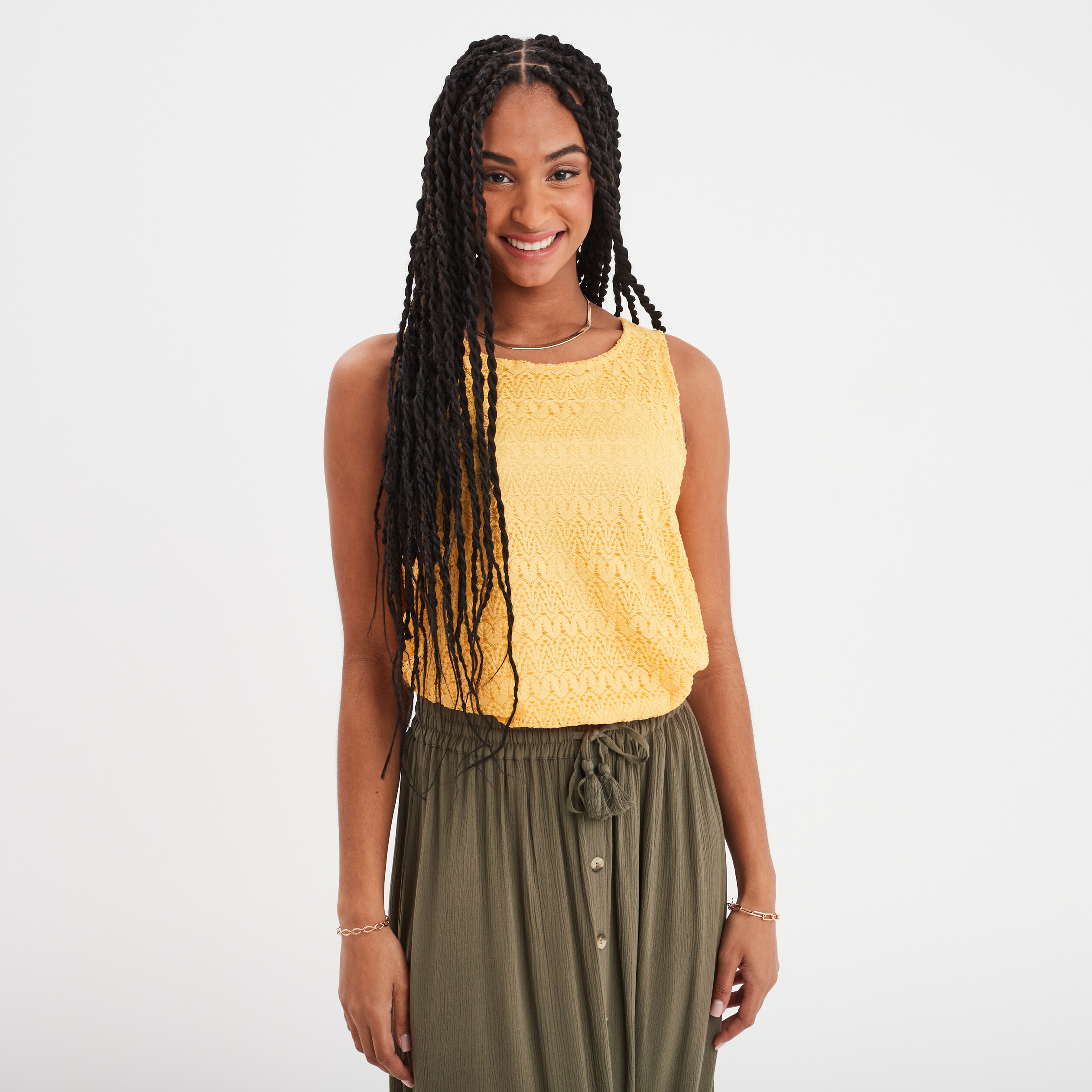 debardeur dentelle col rond jaune clair femme Débardeur dentelle col rond jaune clair femme