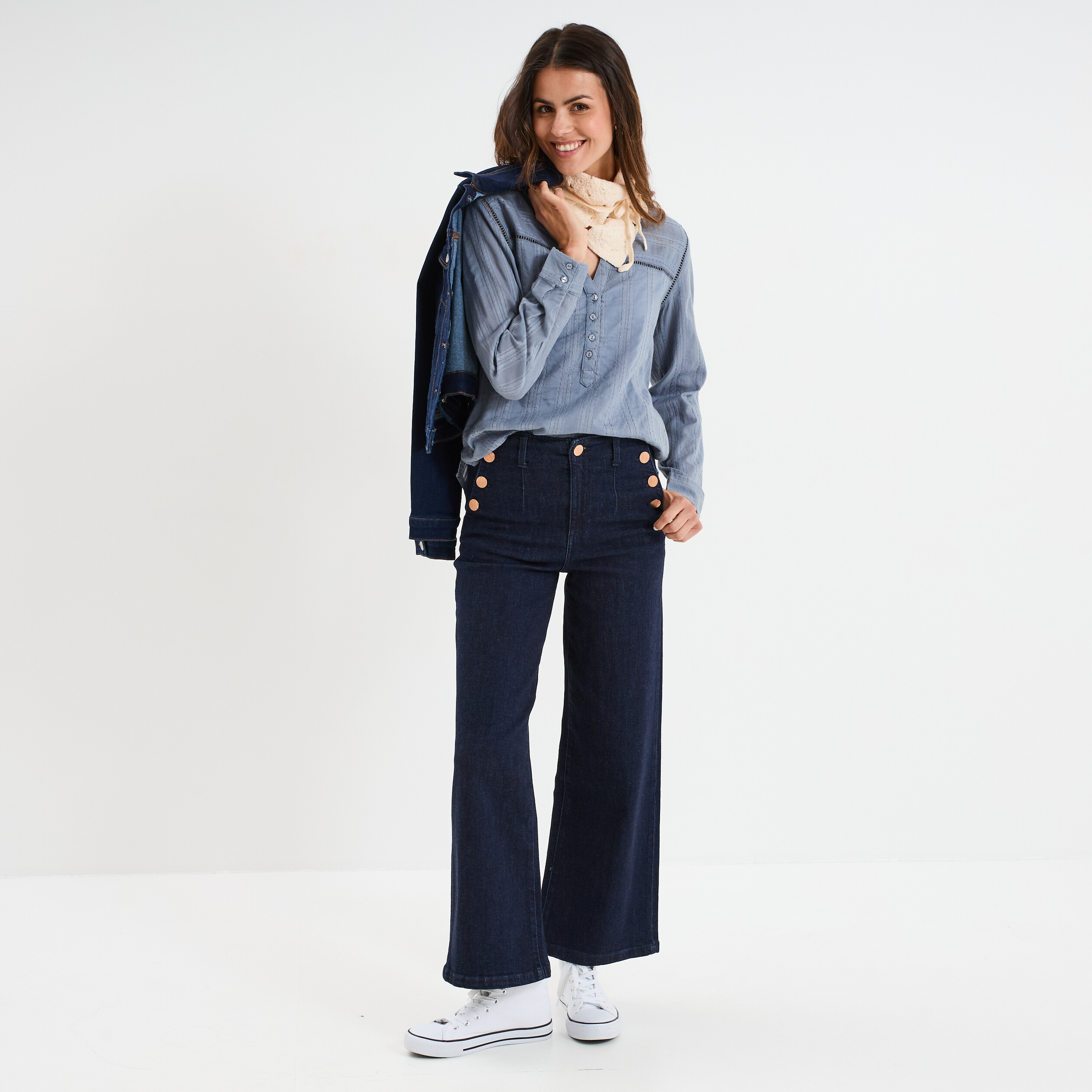 blouse droite col mao coton bleu gris femme Blouse droite col mao coton bleu gris femme