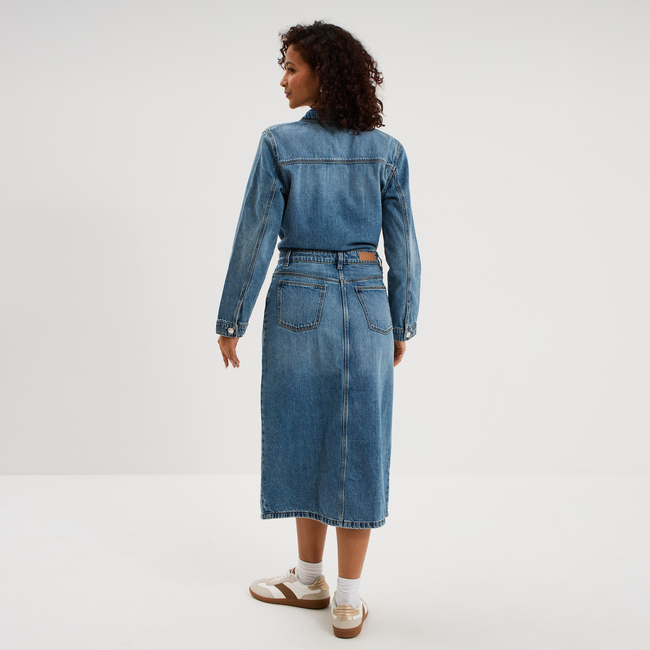 Robe longue en jean manches longues denim double stone femme