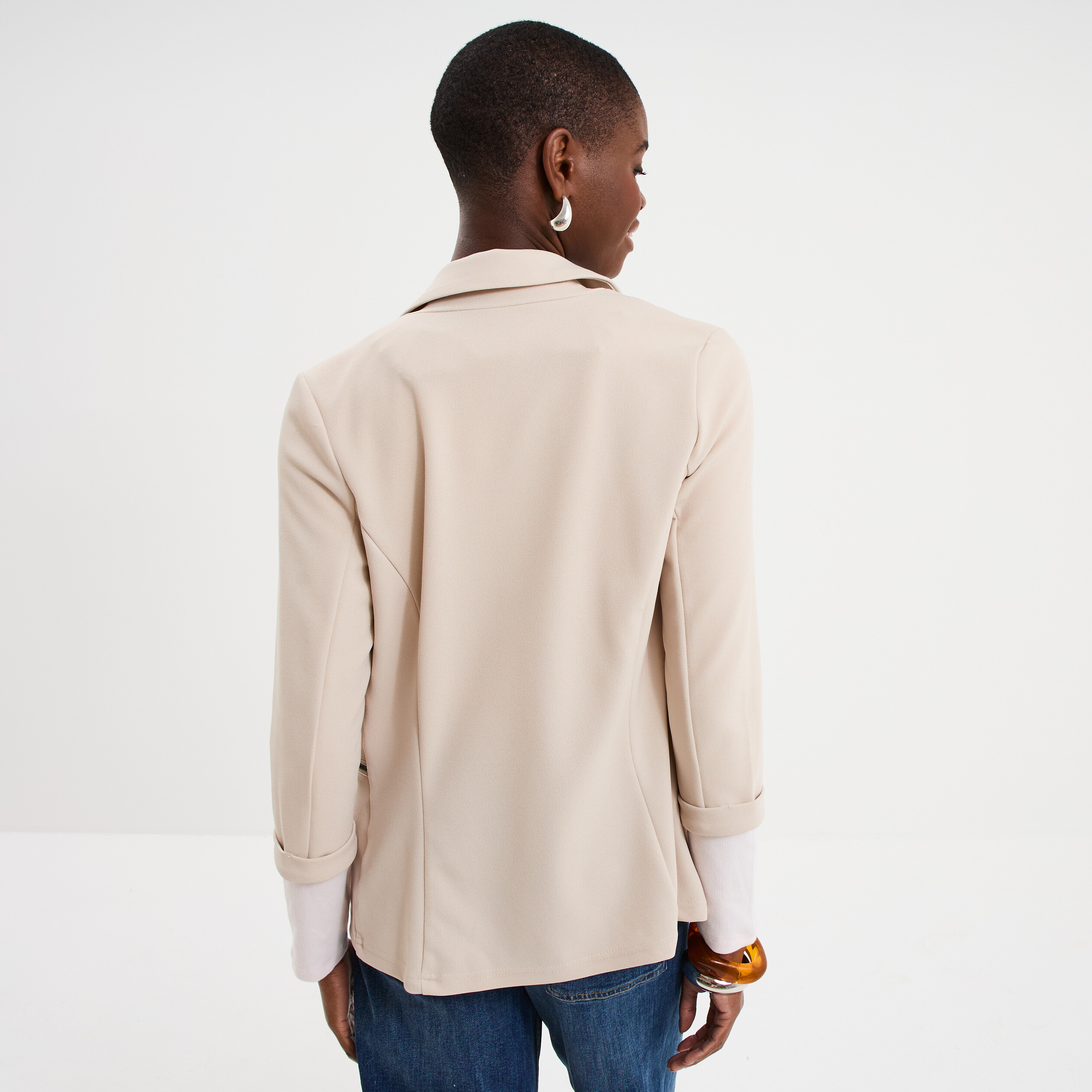 Veste blazer cintr&eacute; manches 3/4 beige femme