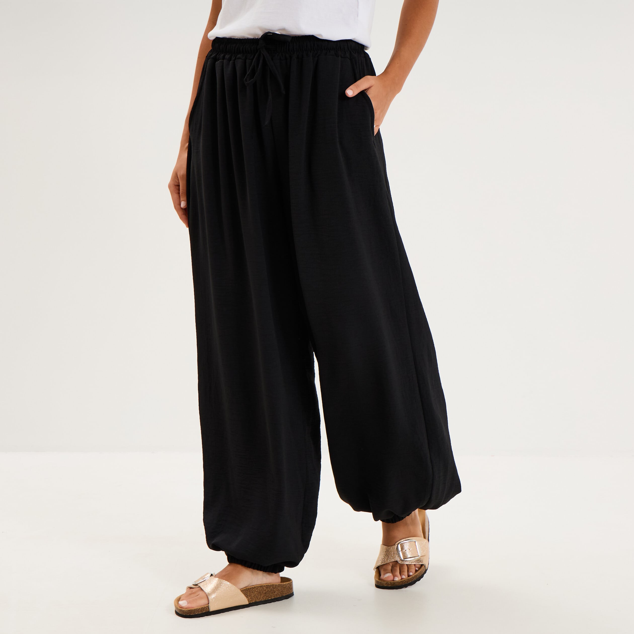 Pantalon ample fluide taille &agrave; coulisse noir femme