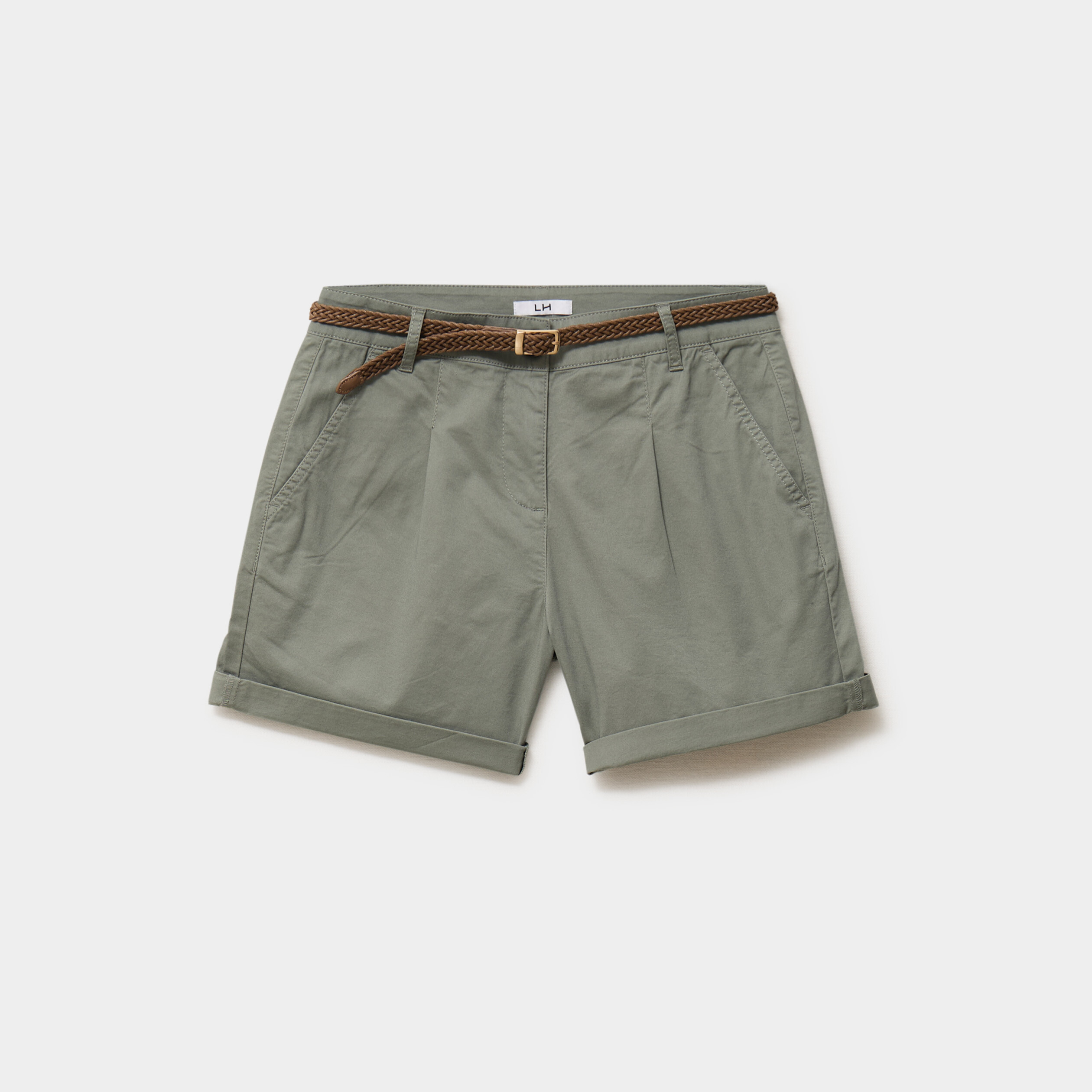 Short chino ceinture tress&eacute;e vert kaki femme