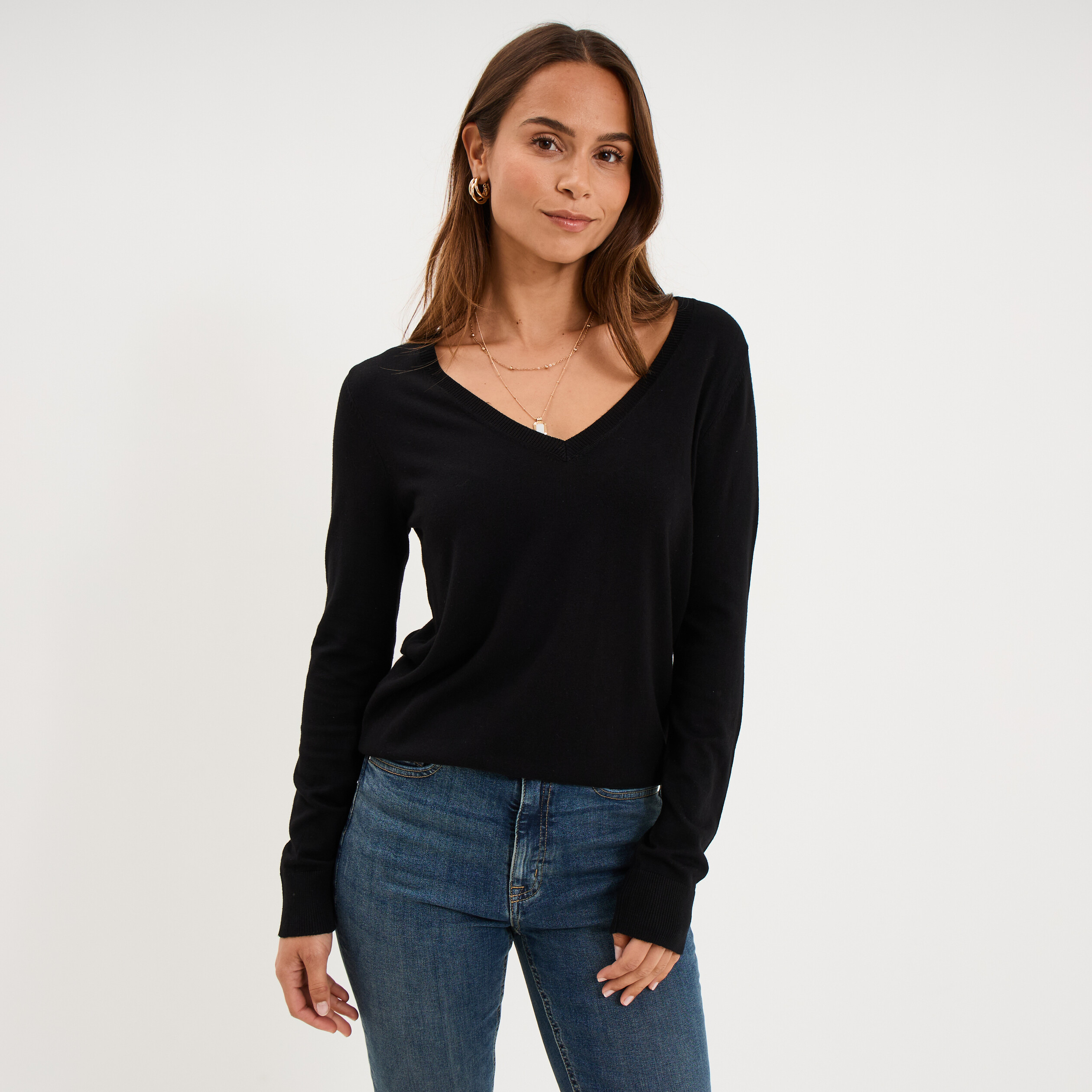 Pull col en V manches longues noir femme