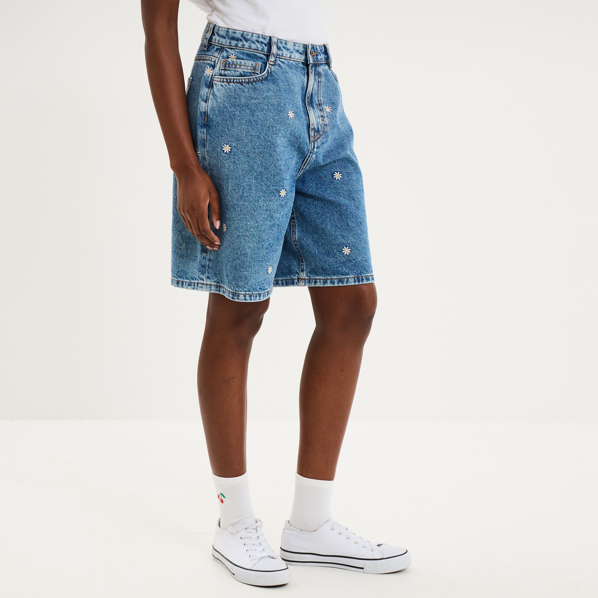 Short bermuda en jean large brod&eacute; denim double stone femme