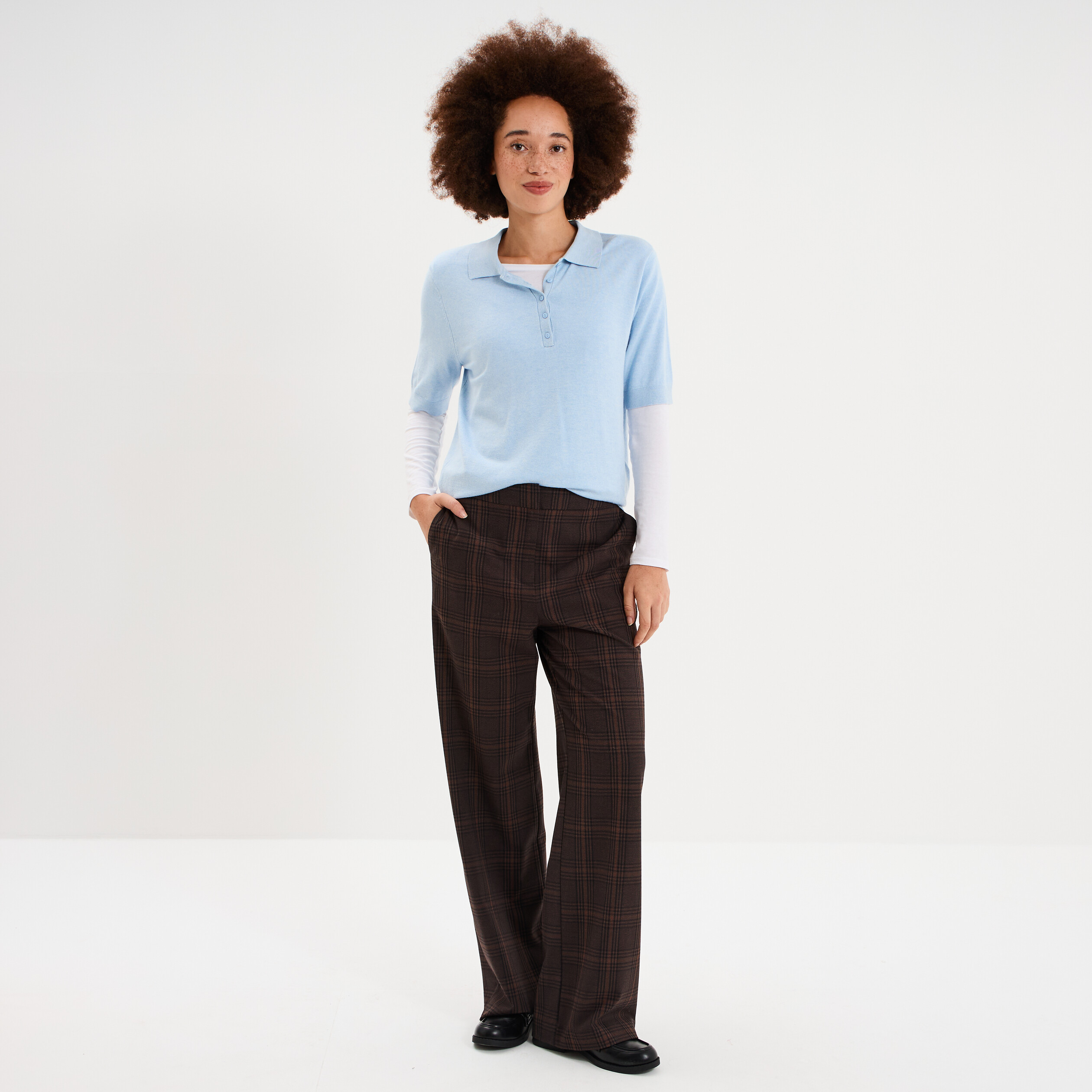 Pull col polo manches courtes bleu femme