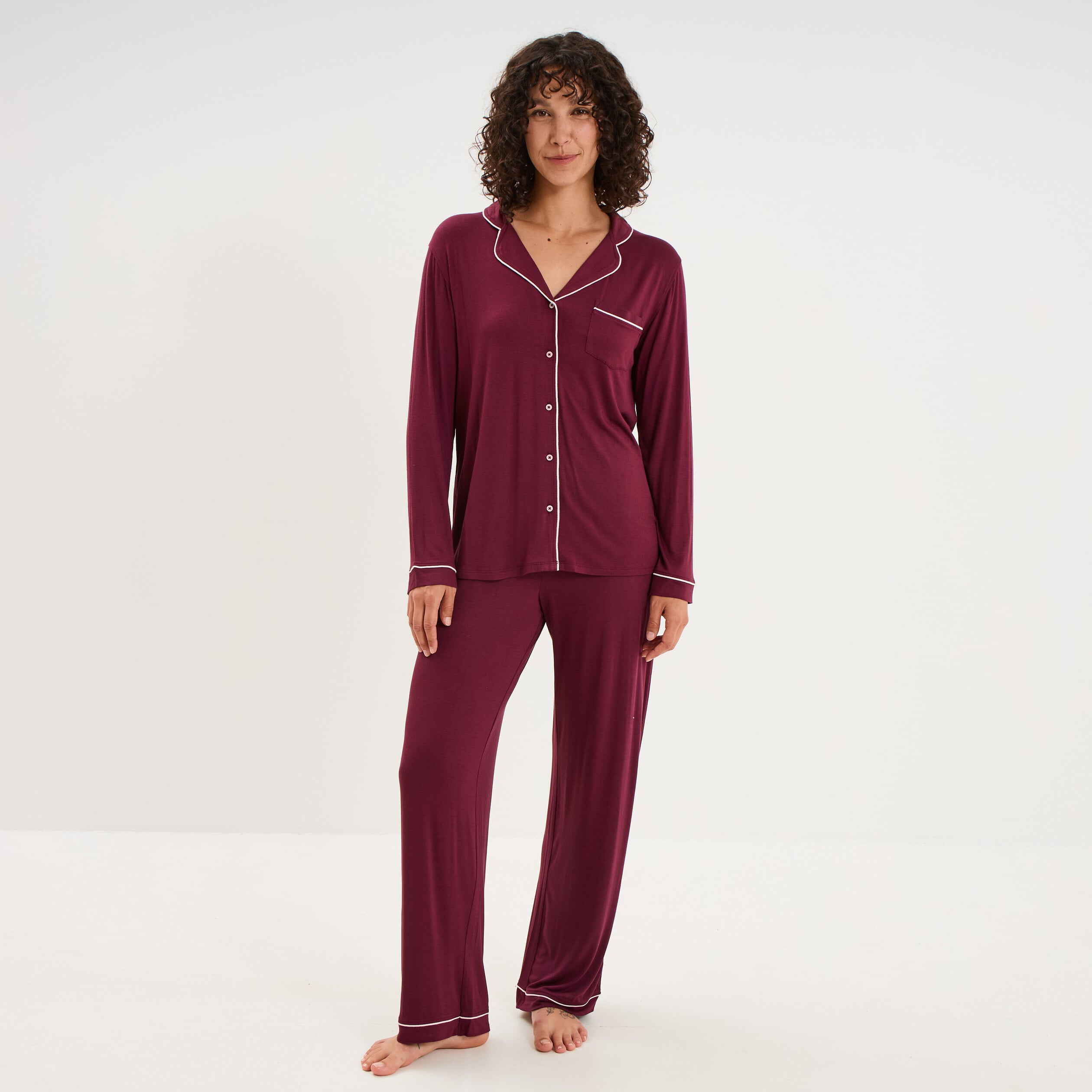 Ensemble pyjama pantalon et chemise prune femme
