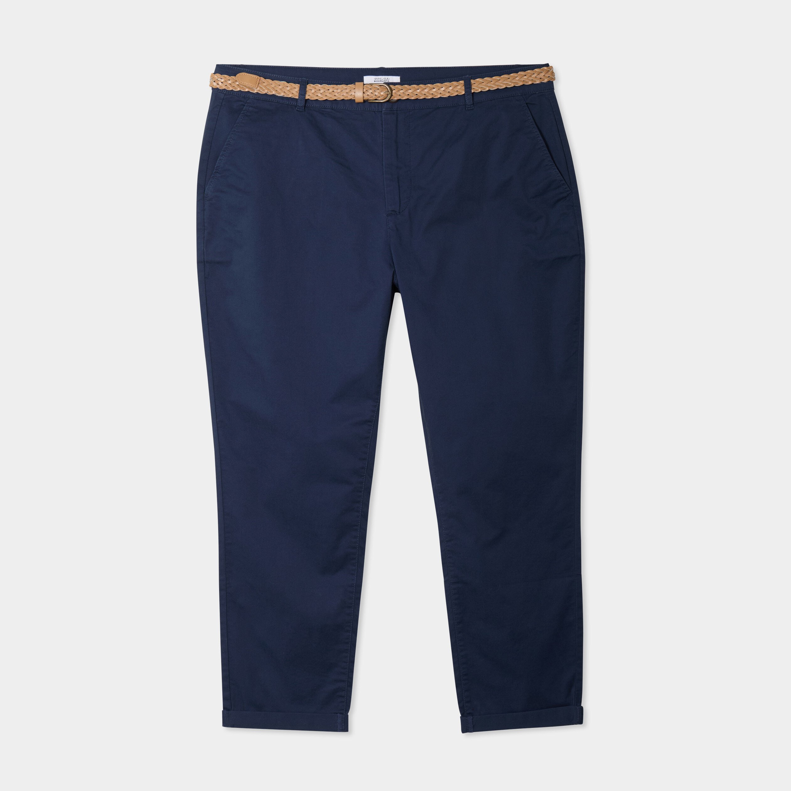 pantalon chino cigarette ceinture coton bleu marine femmegt Pantalon chino cigarette ceinturé coton bleu marine femme grande taille