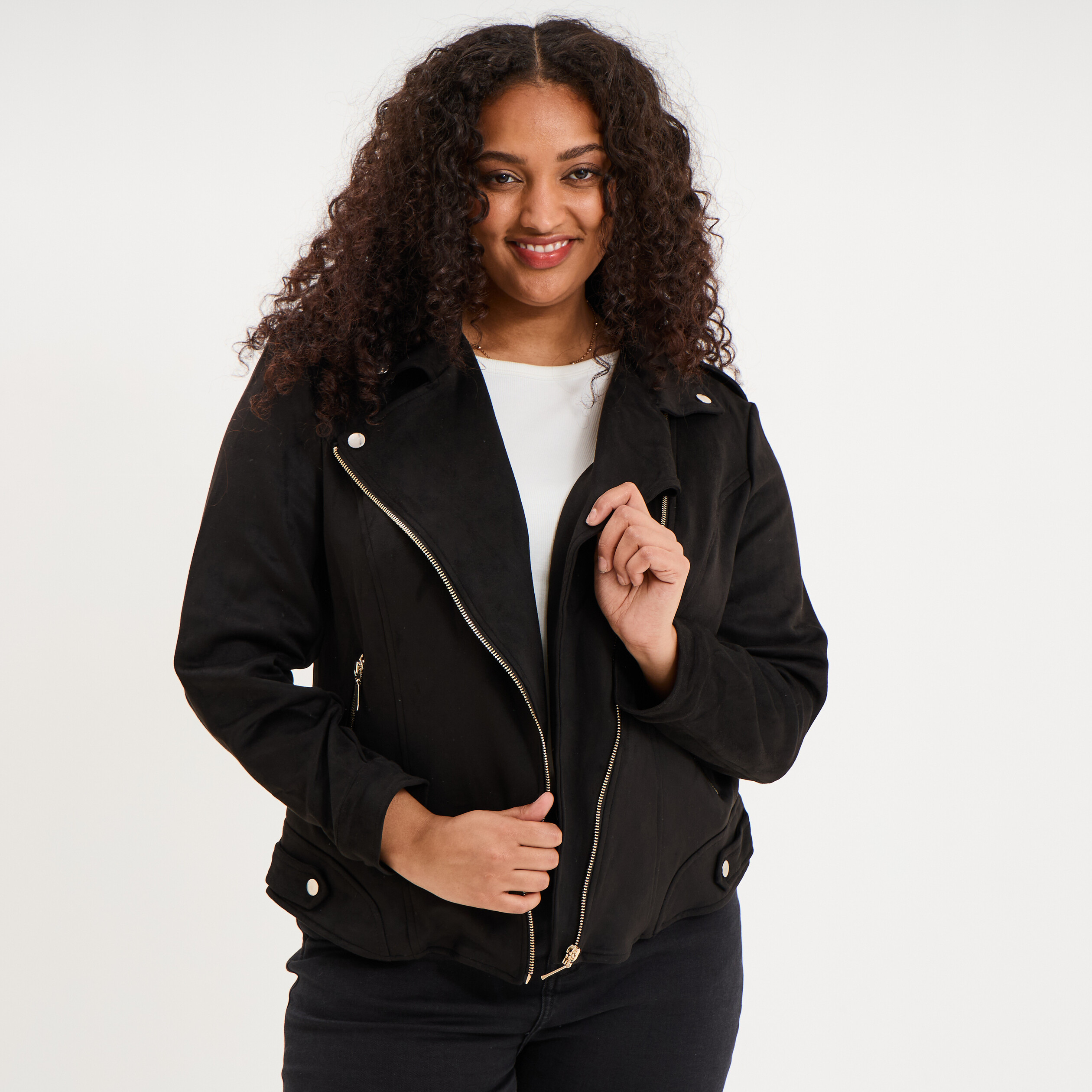 Blouson zipp&eacute; effet su&eacute;dine style biker noir femme grande taille