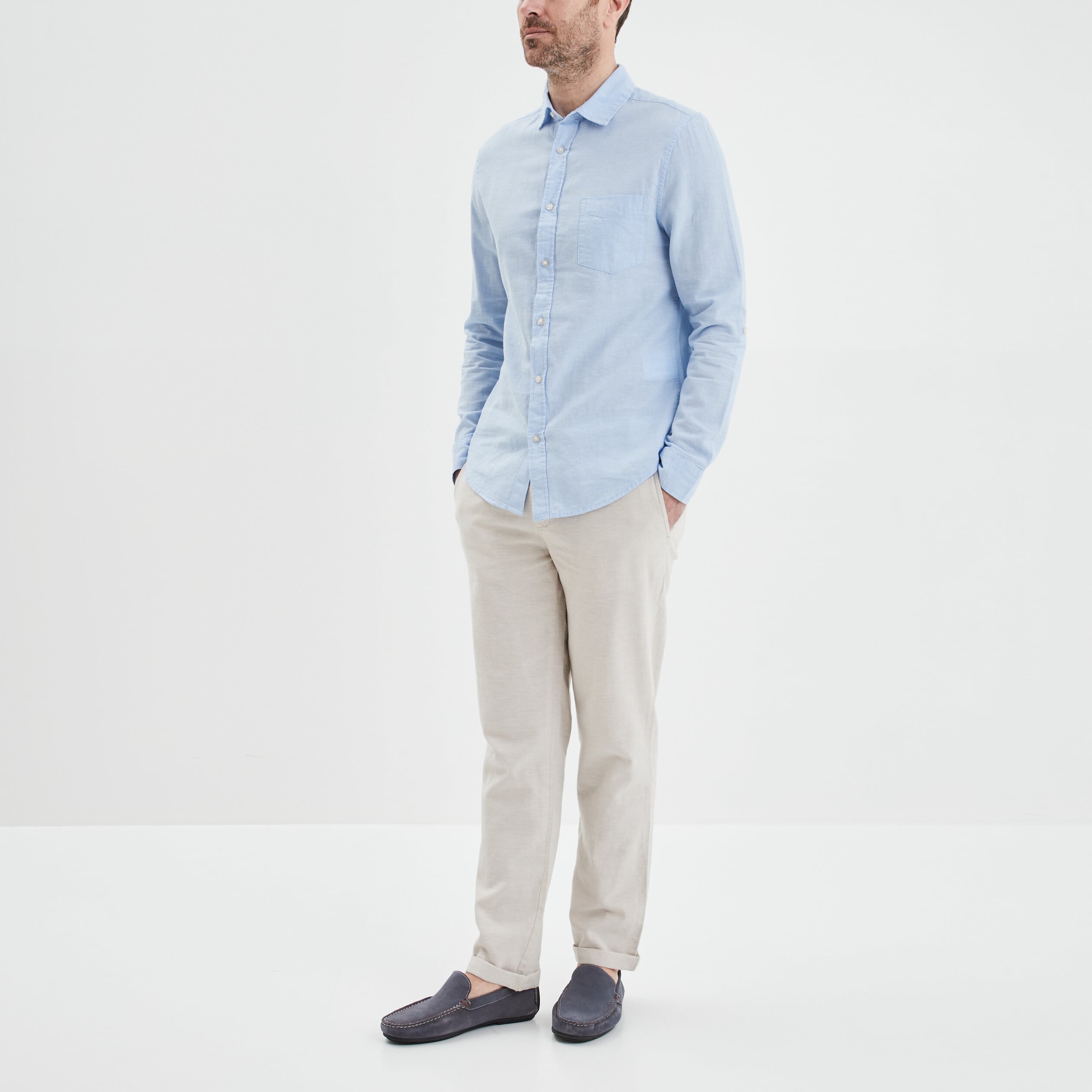 Chemise manches longues lin m&eacute;lang&eacute; bleu ciel homme