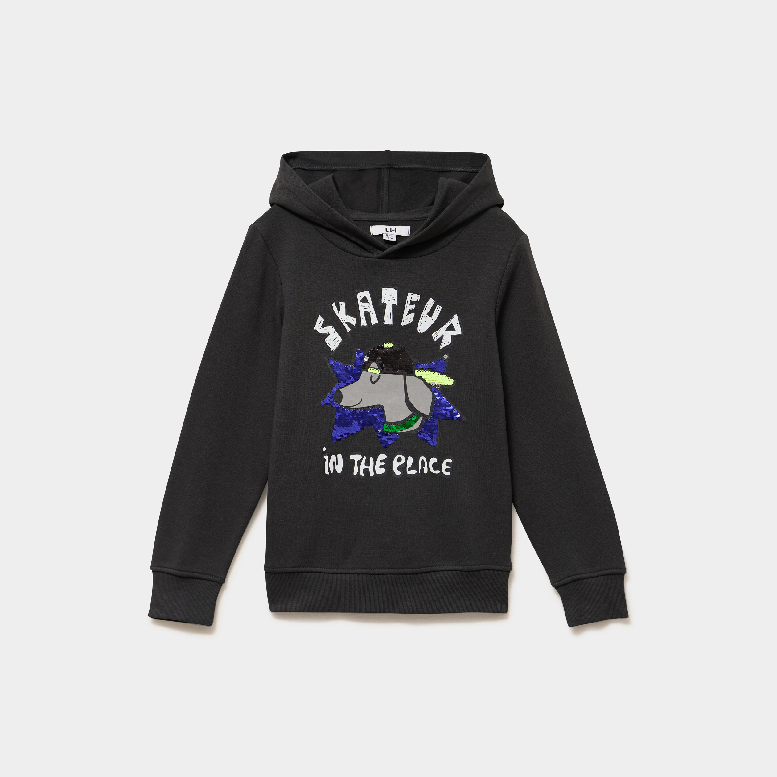 Sweat hoodie capuche sequins r&eacute;versibles gris fonc&eacute; gar&ccedil;on
