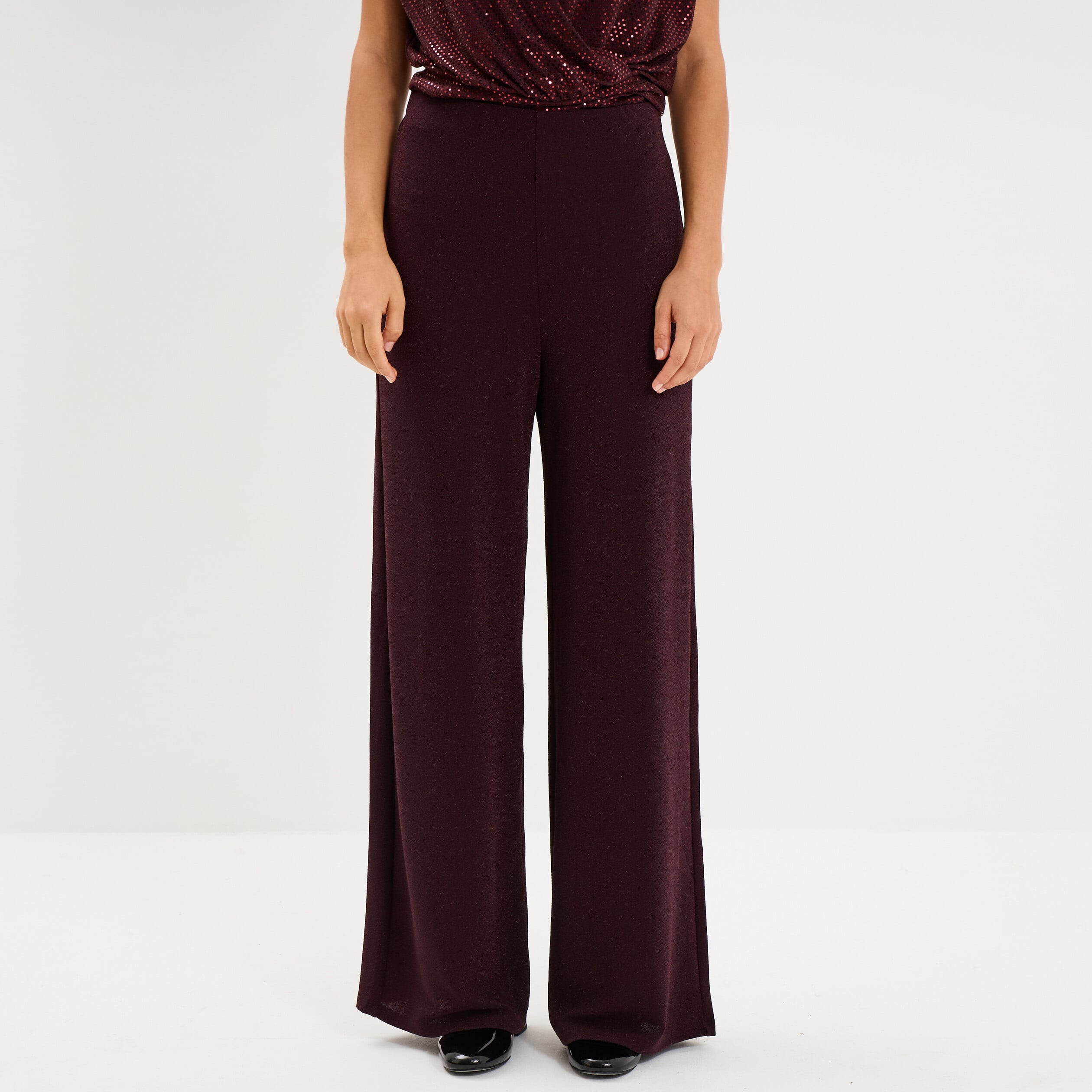 Pantalon large &agrave; paillettes prune femme
