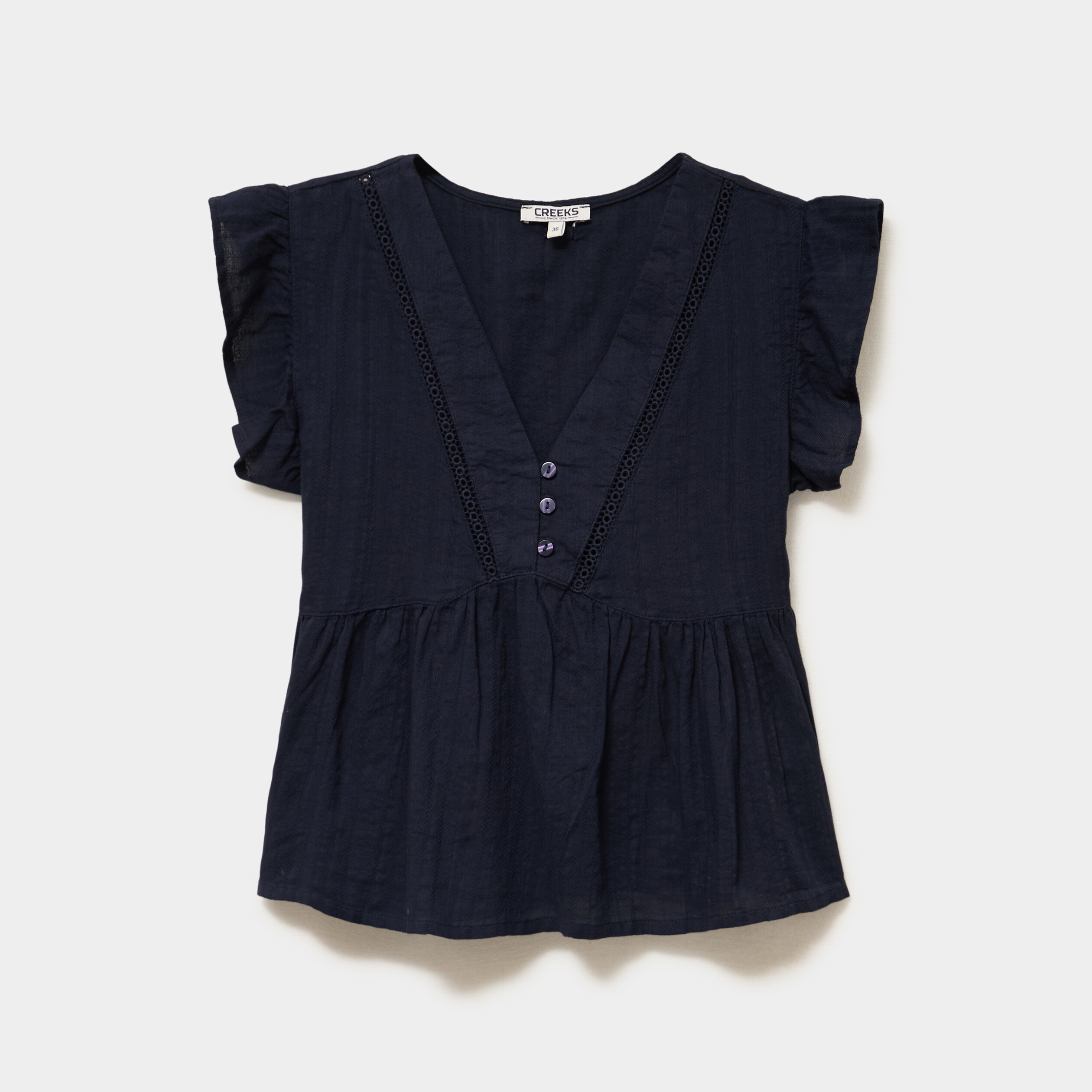 Blouse manches volants col en V coton bleu fonc&eacute; femme