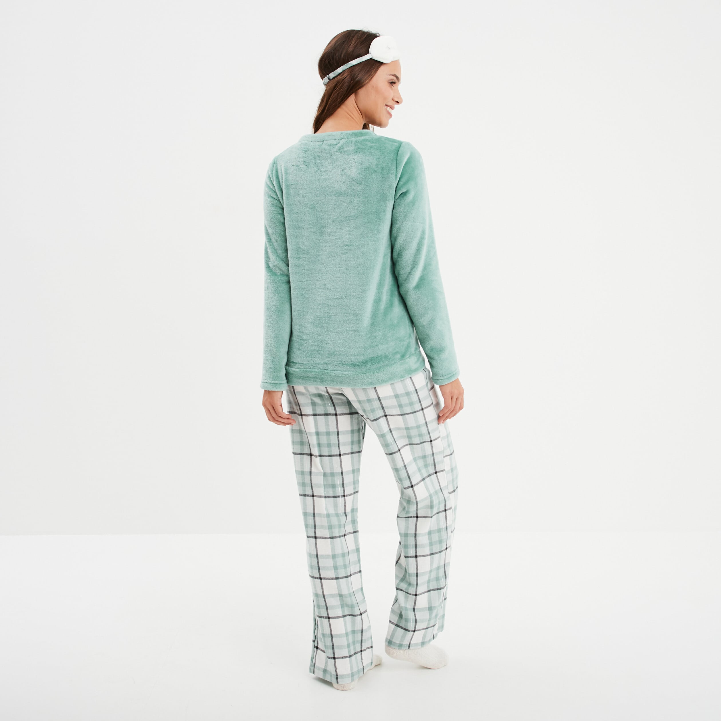 Ensemble pyjama effet polaire 3 pi&egrave;ces vert femme