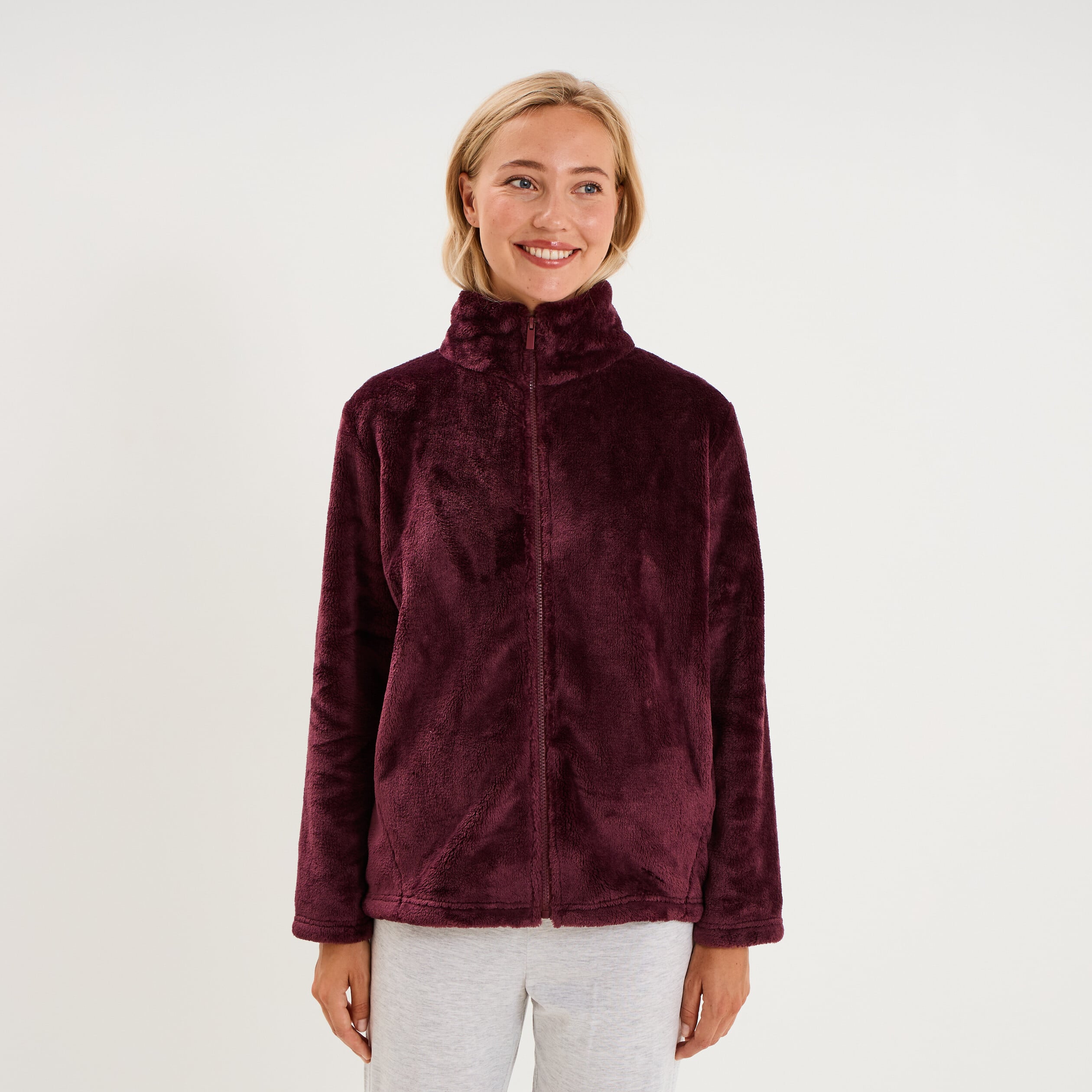 Veste de pyjama col montant polaire prune femme