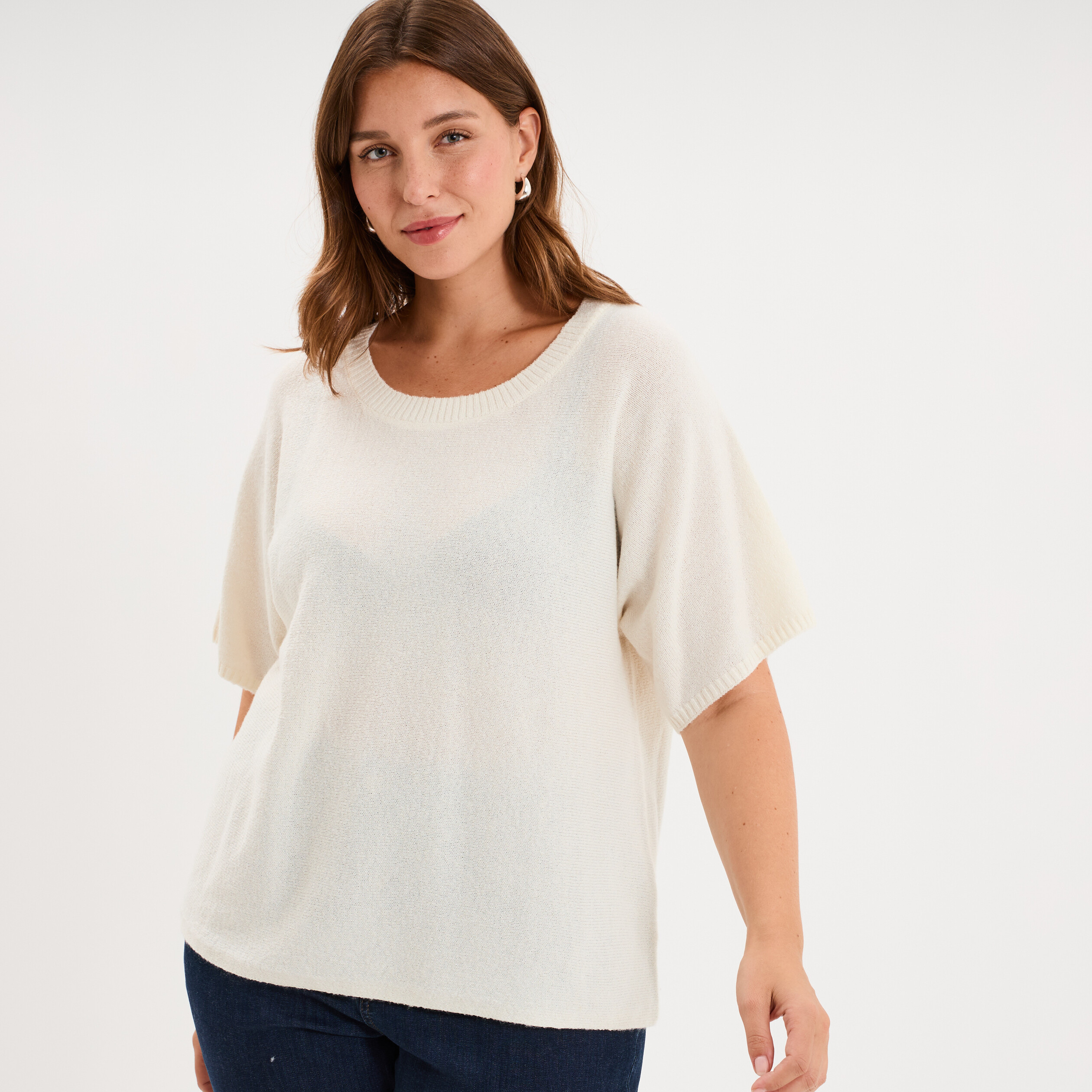 Pull manches courtes ivoire femme grande taille