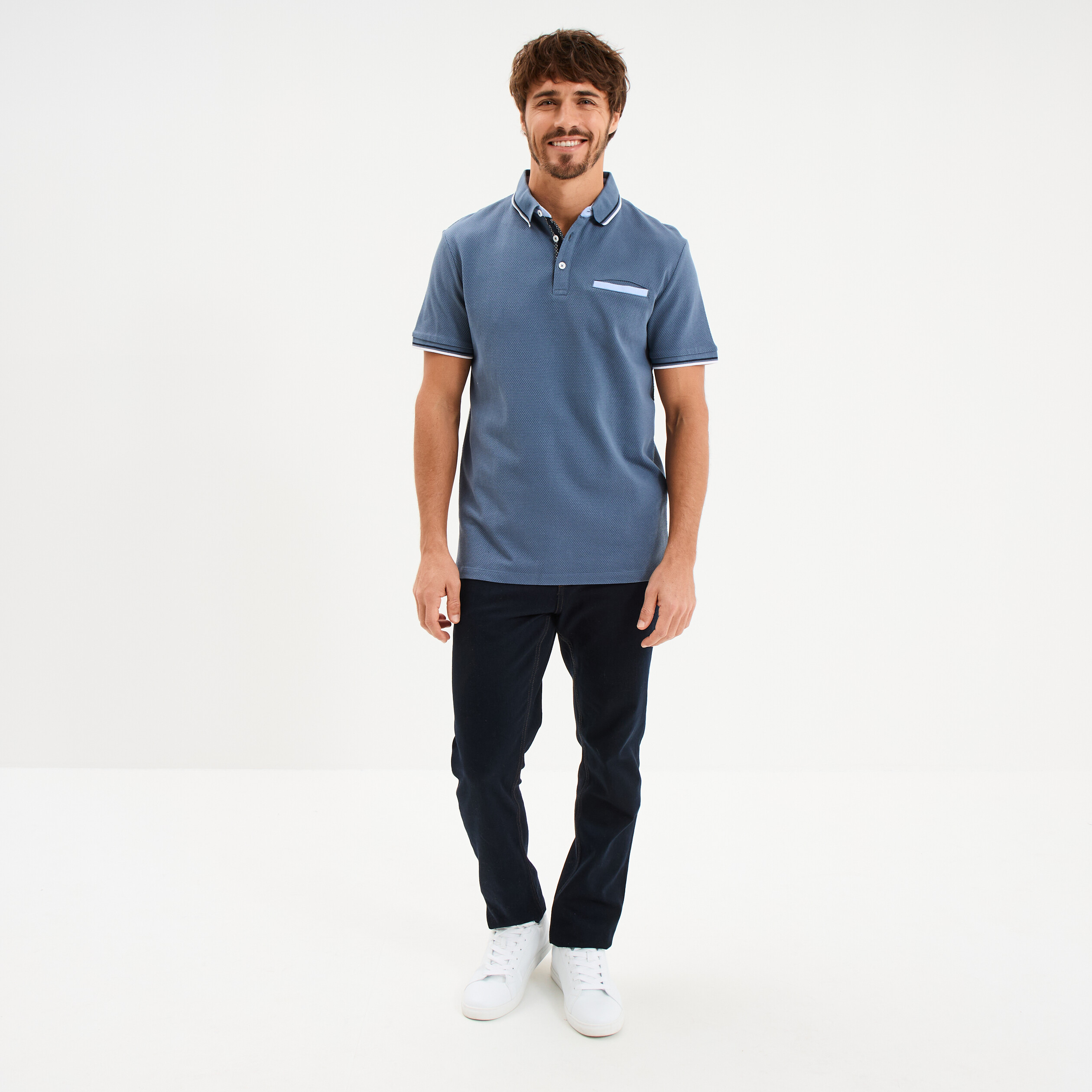 Polo piqu&eacute; manches courtes coton bleu gris homme