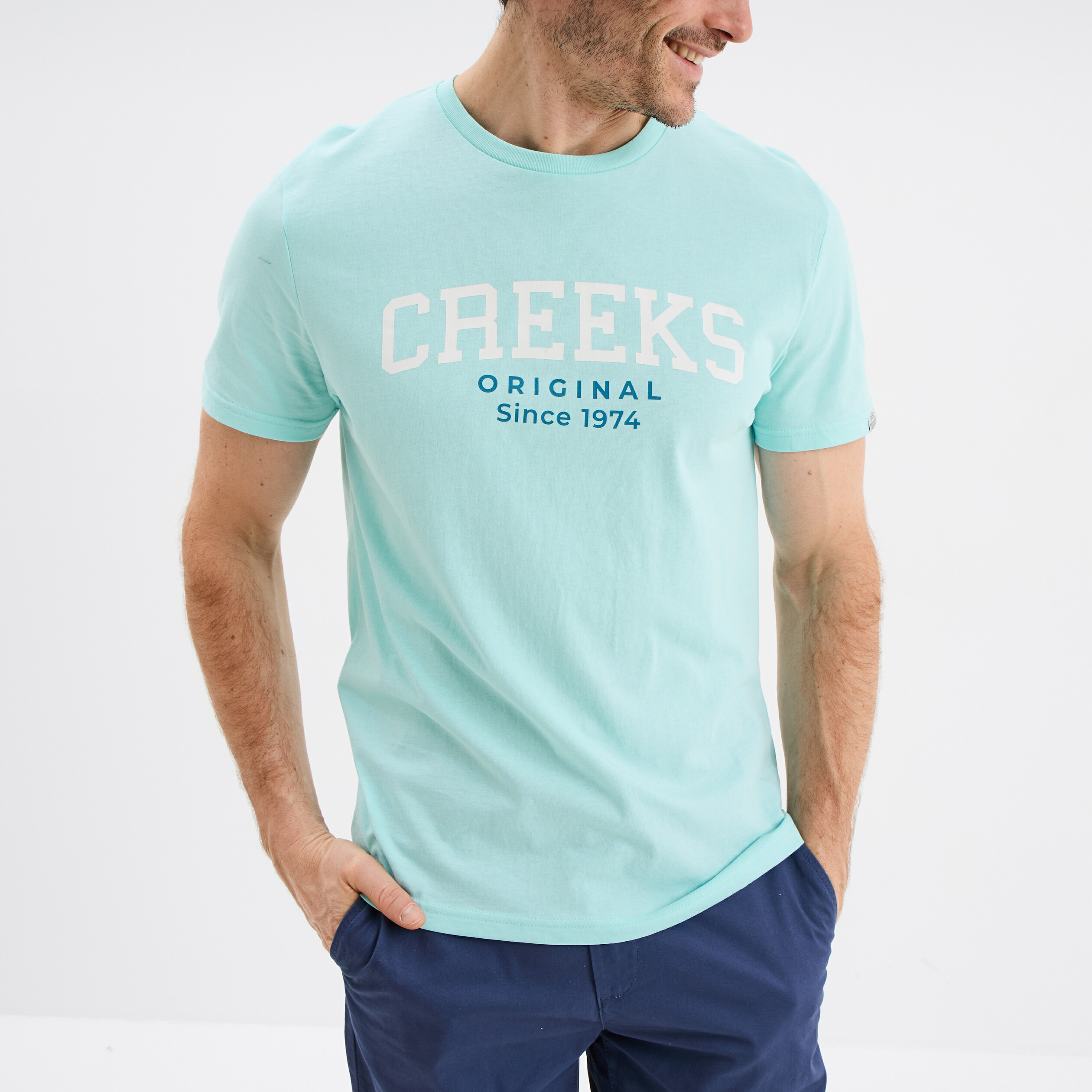 t shirt col rond manches courtes coton bleu turquoise homme T-shirt col rond manches courtes coton bleu turquoise homme