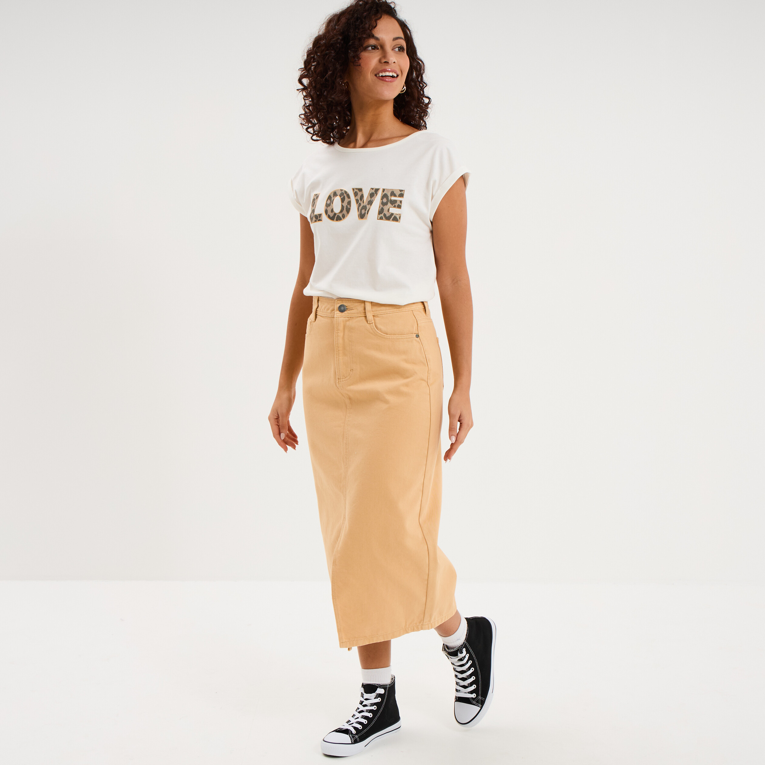 Jupe en jean longue fendue droite beige femme