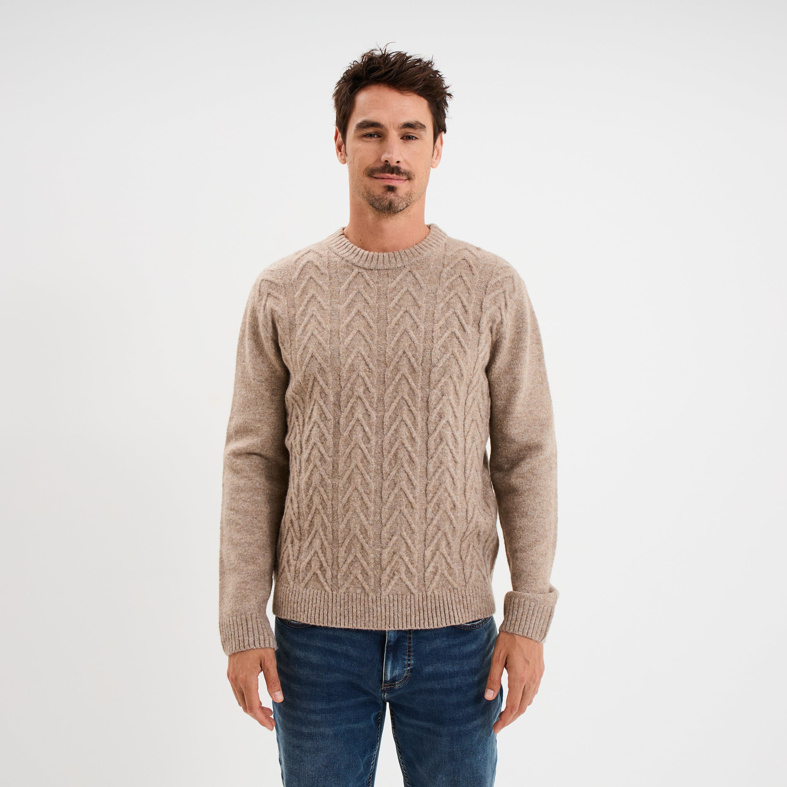 Pull col rond manches longues beige homme
