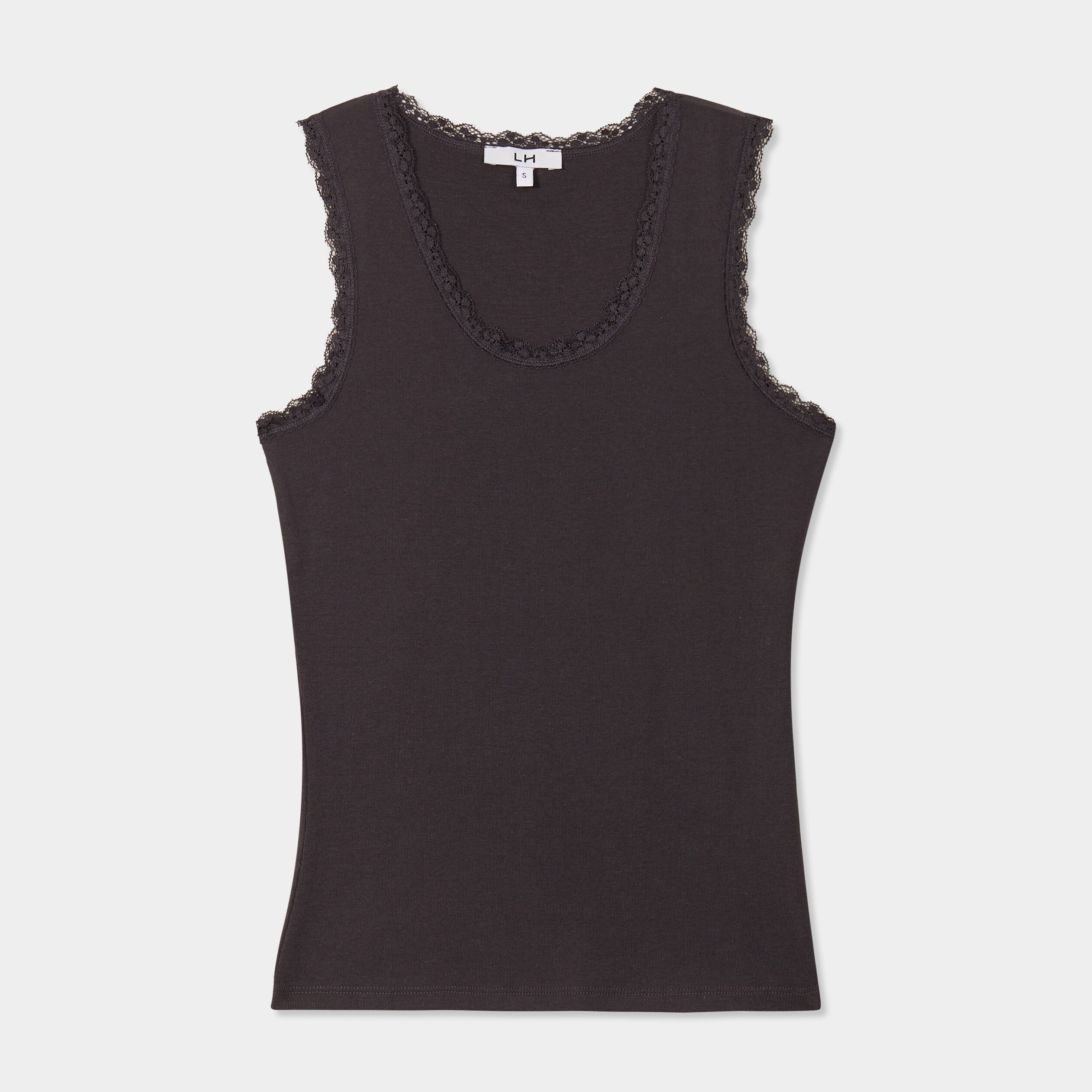 debardeur coton bords dentelle gris fonce femme Débardeur coton bords dentelle gris foncé femme