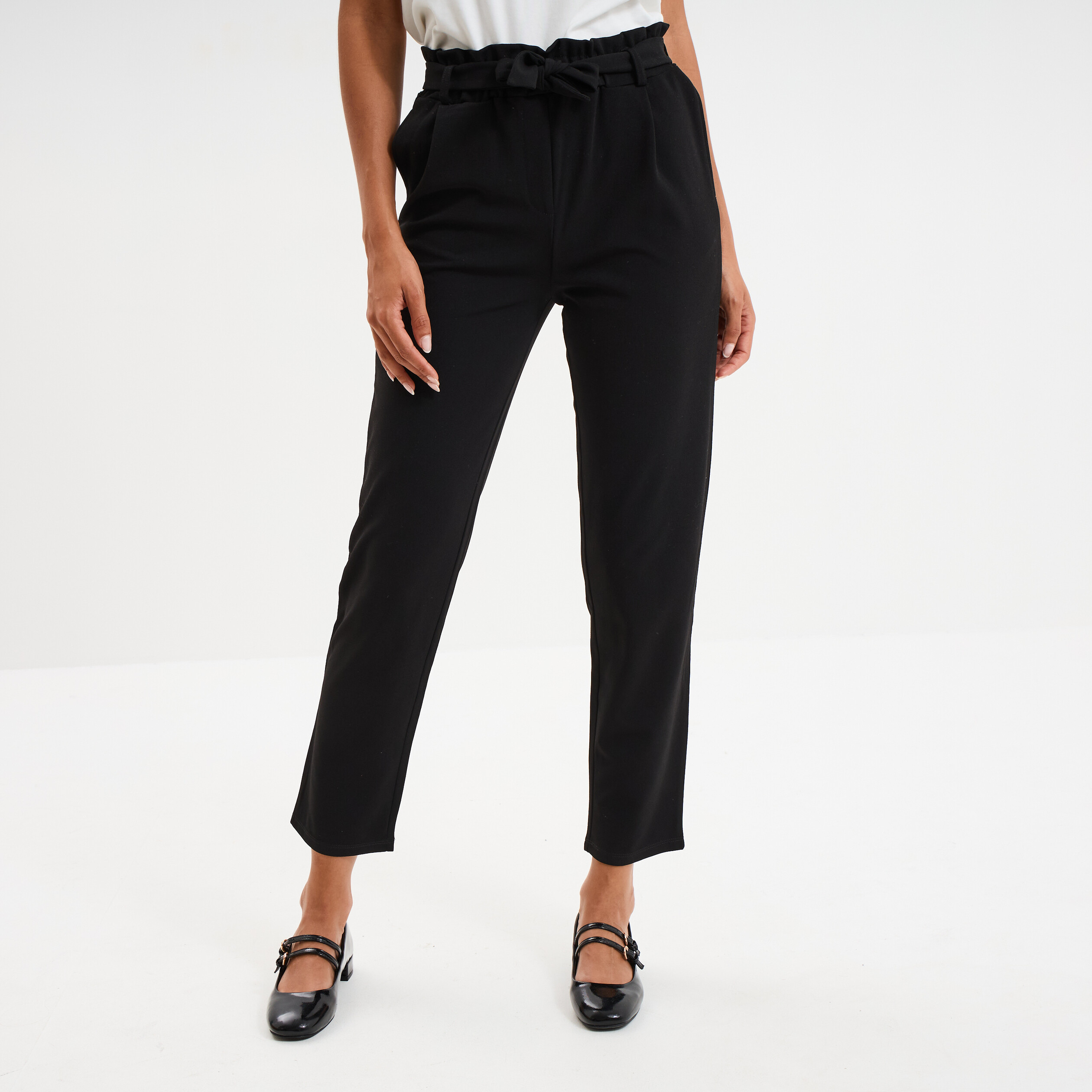 Pantalon city paperbag ceintur&eacute; 7/8&egrave;me noir femme