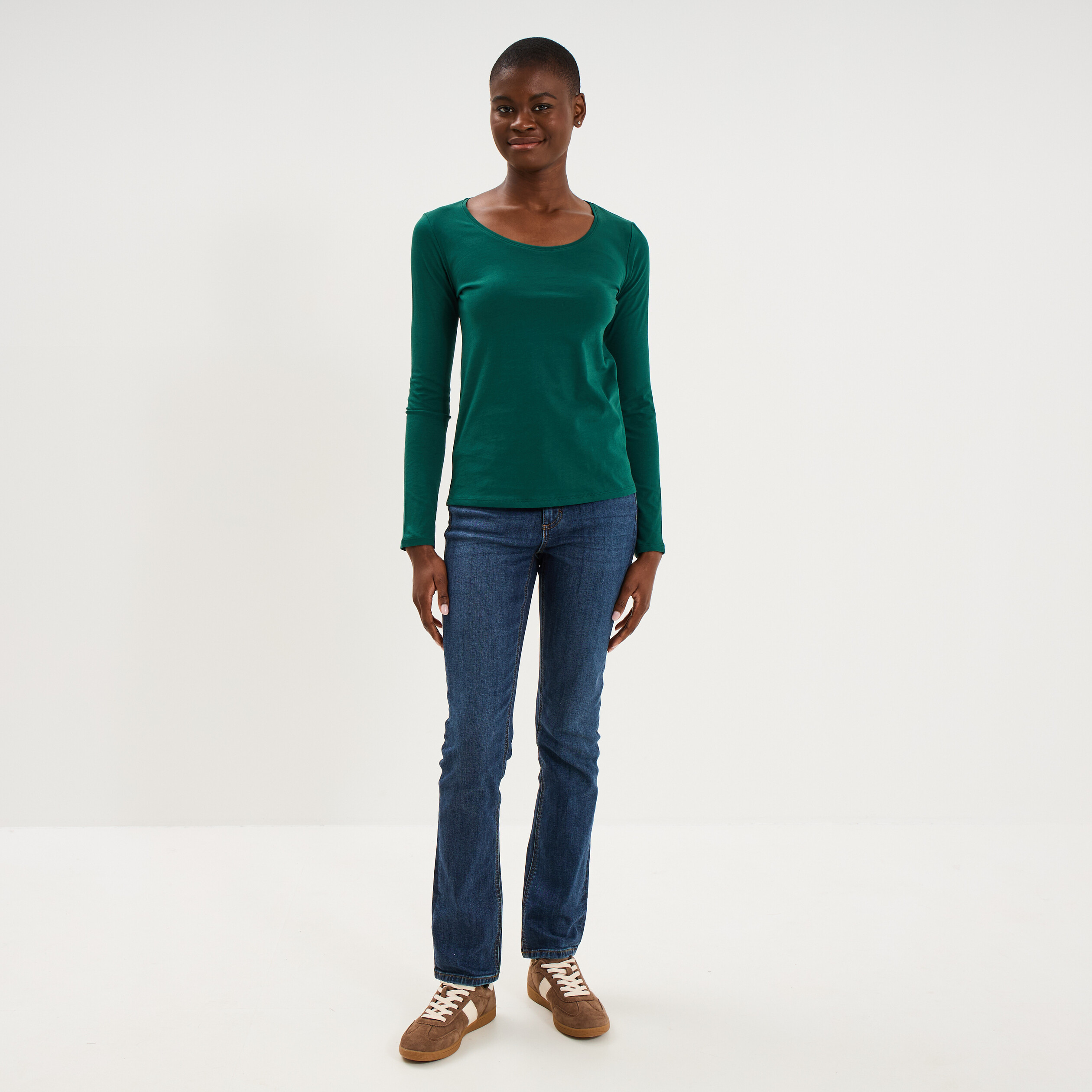 T-shirt coton col rond manches longues vert fonc&eacute; femme