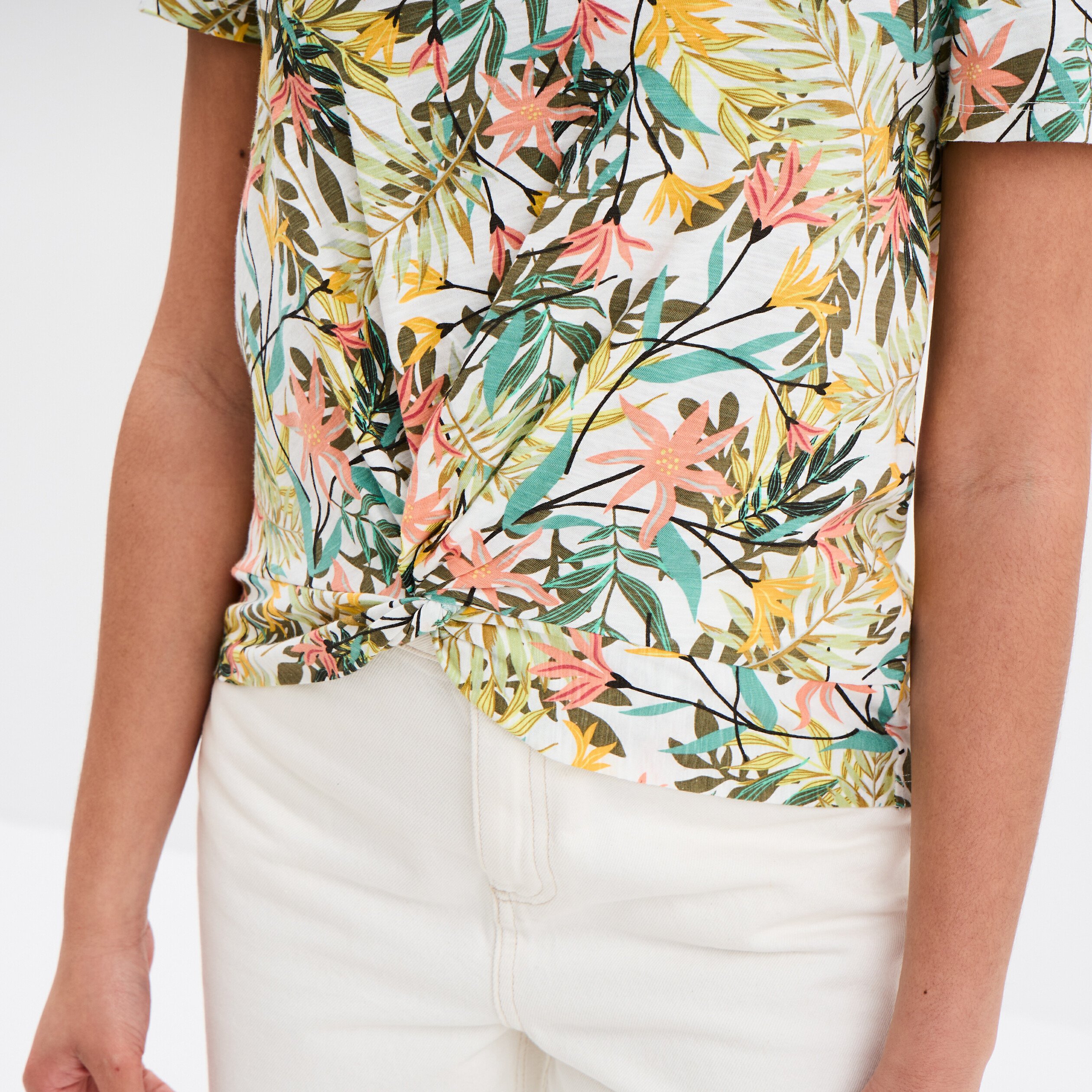 t shirt taille effet noue coton blanc femme T-shirt taille effet noué coton blanc femme
