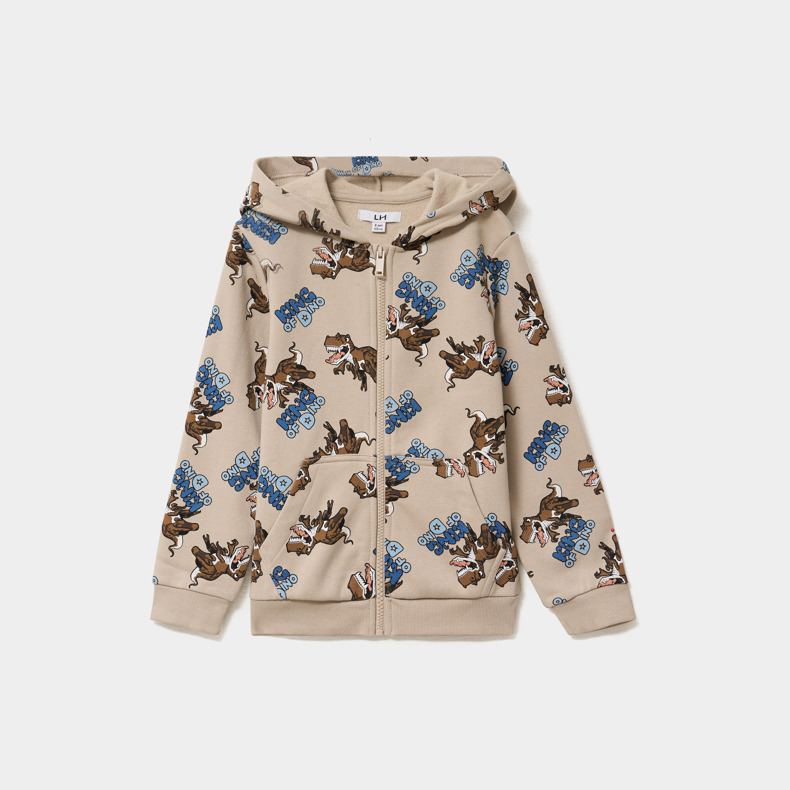 Sweat zipp&eacute; &agrave; capuche molleton imprim&eacute; beige gar&ccedil;on