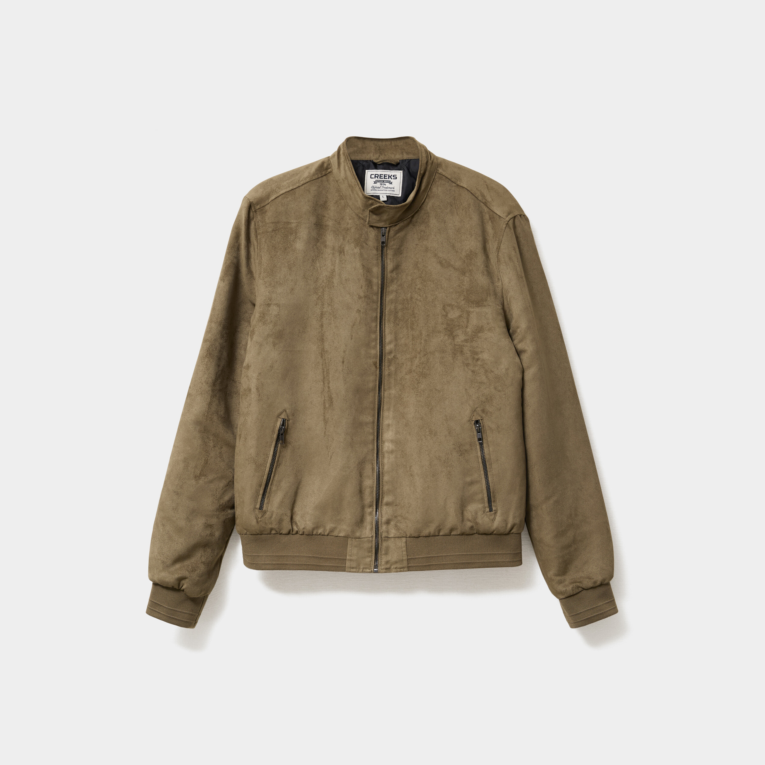 Blouson col biker en su&eacute;dine zipp&eacute; vert kaki homme