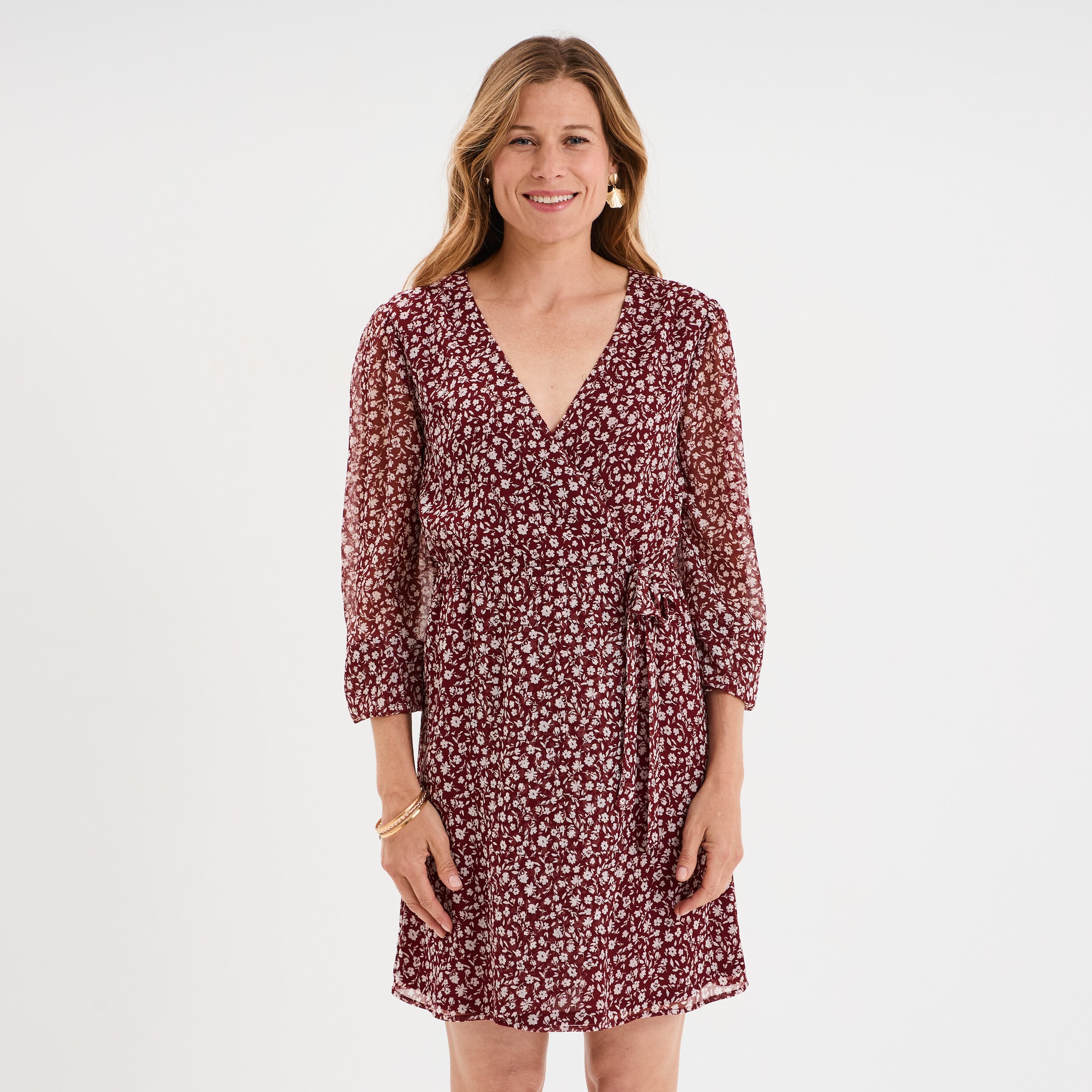 Robe manches longues col cache-coeur bordeaux femme