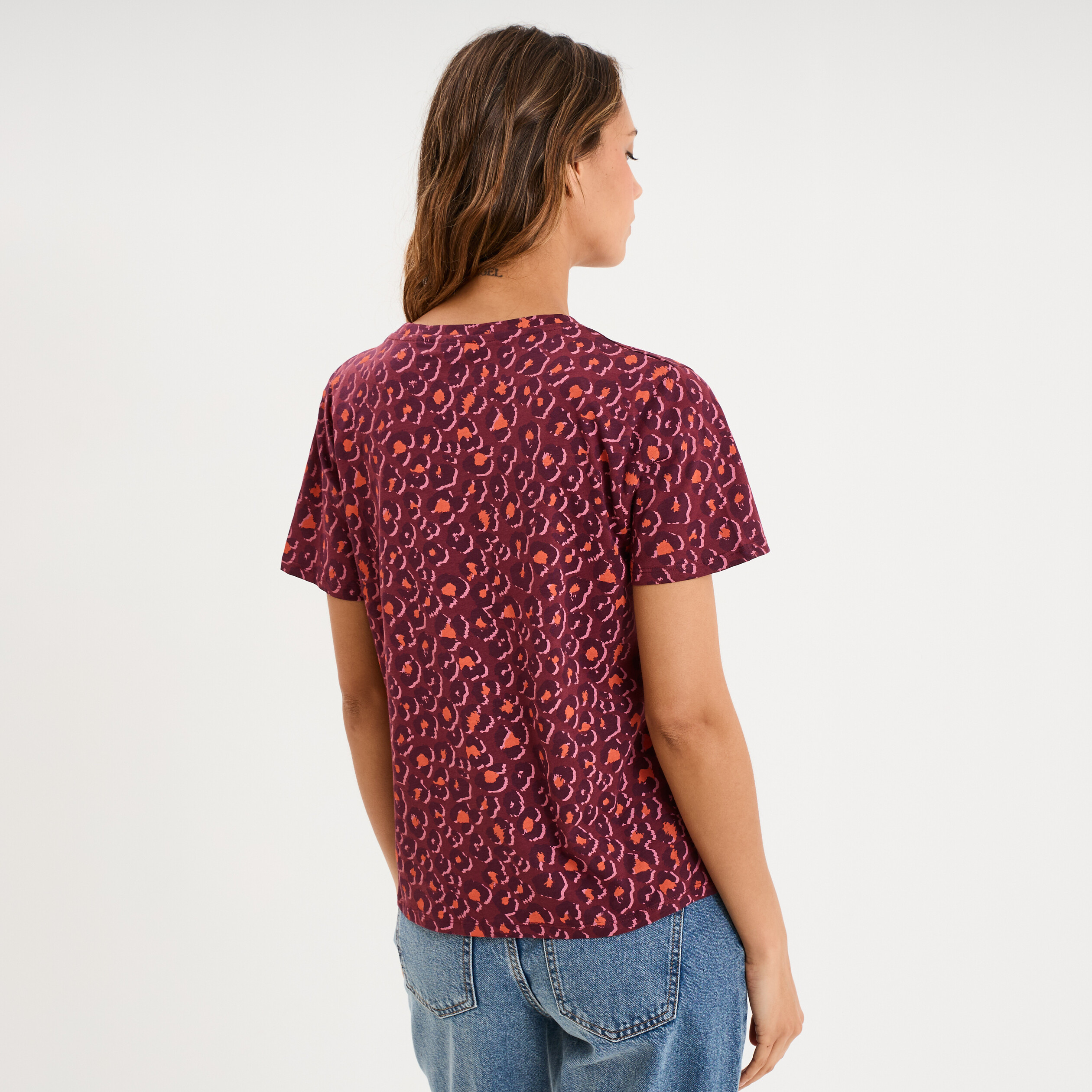 T-shirt coton col rond manches courtes bordeaux femme