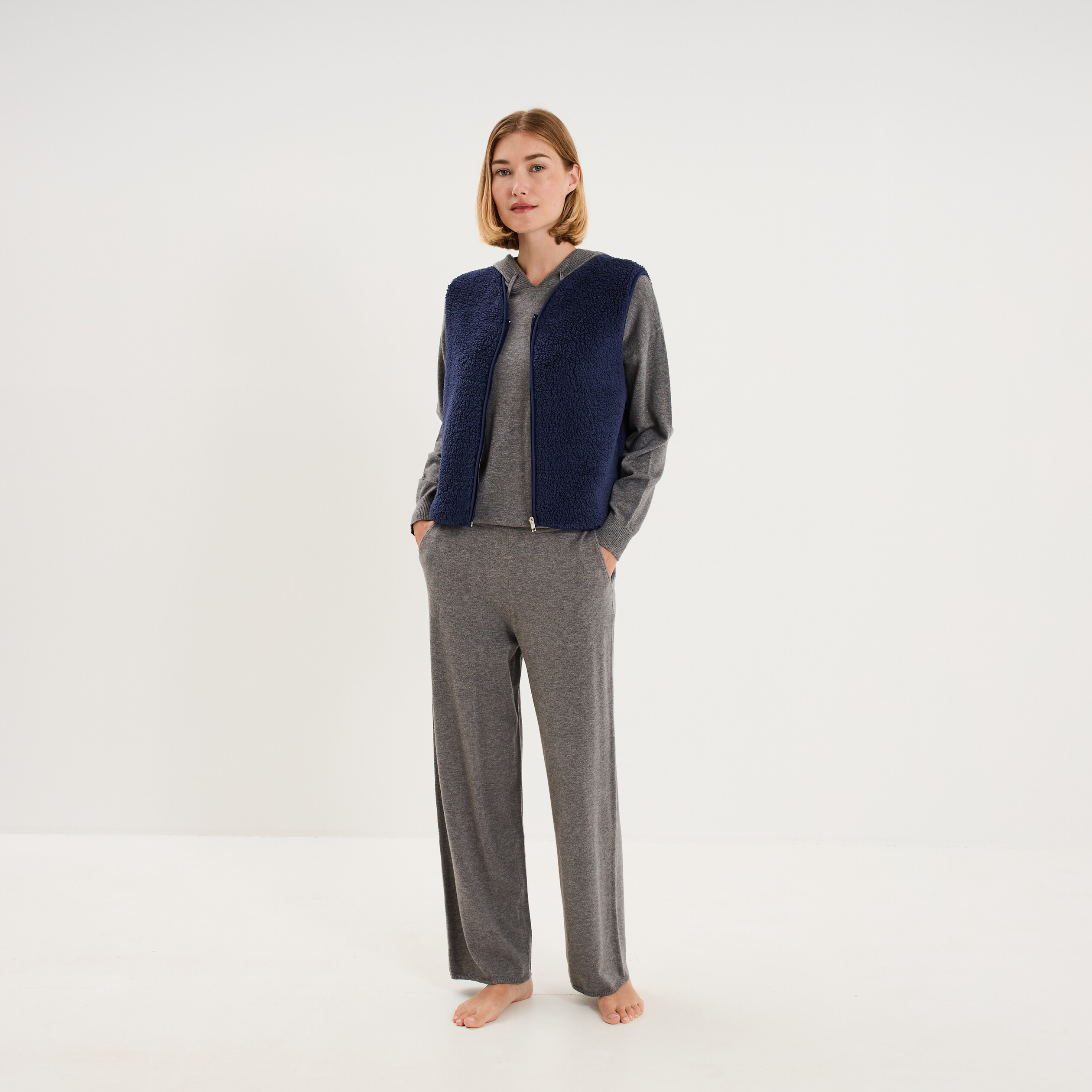 Gilet sans manches effet sherpa zipp&eacute; bleu marine femme