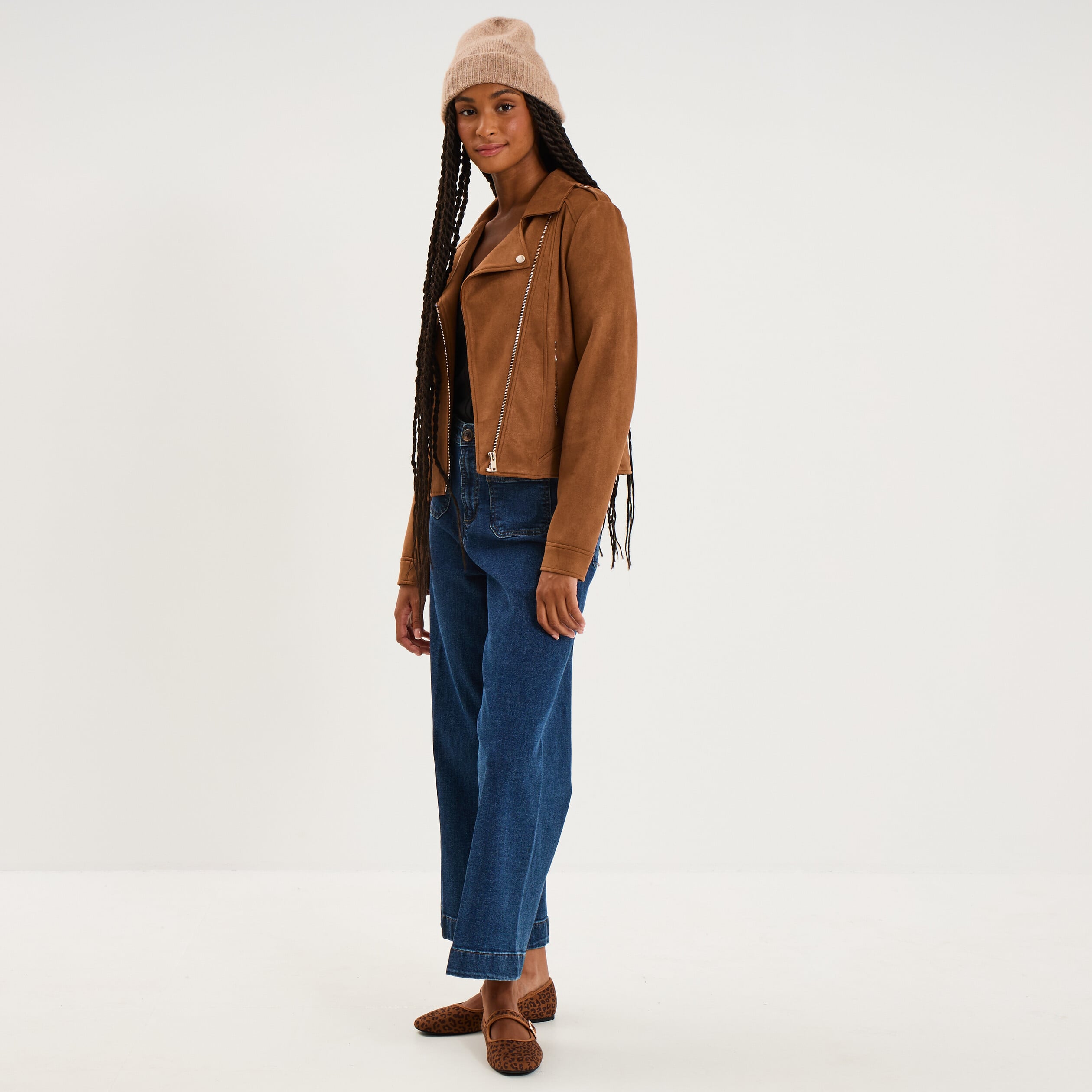 Veste biker effet su&eacute;dine camel femme