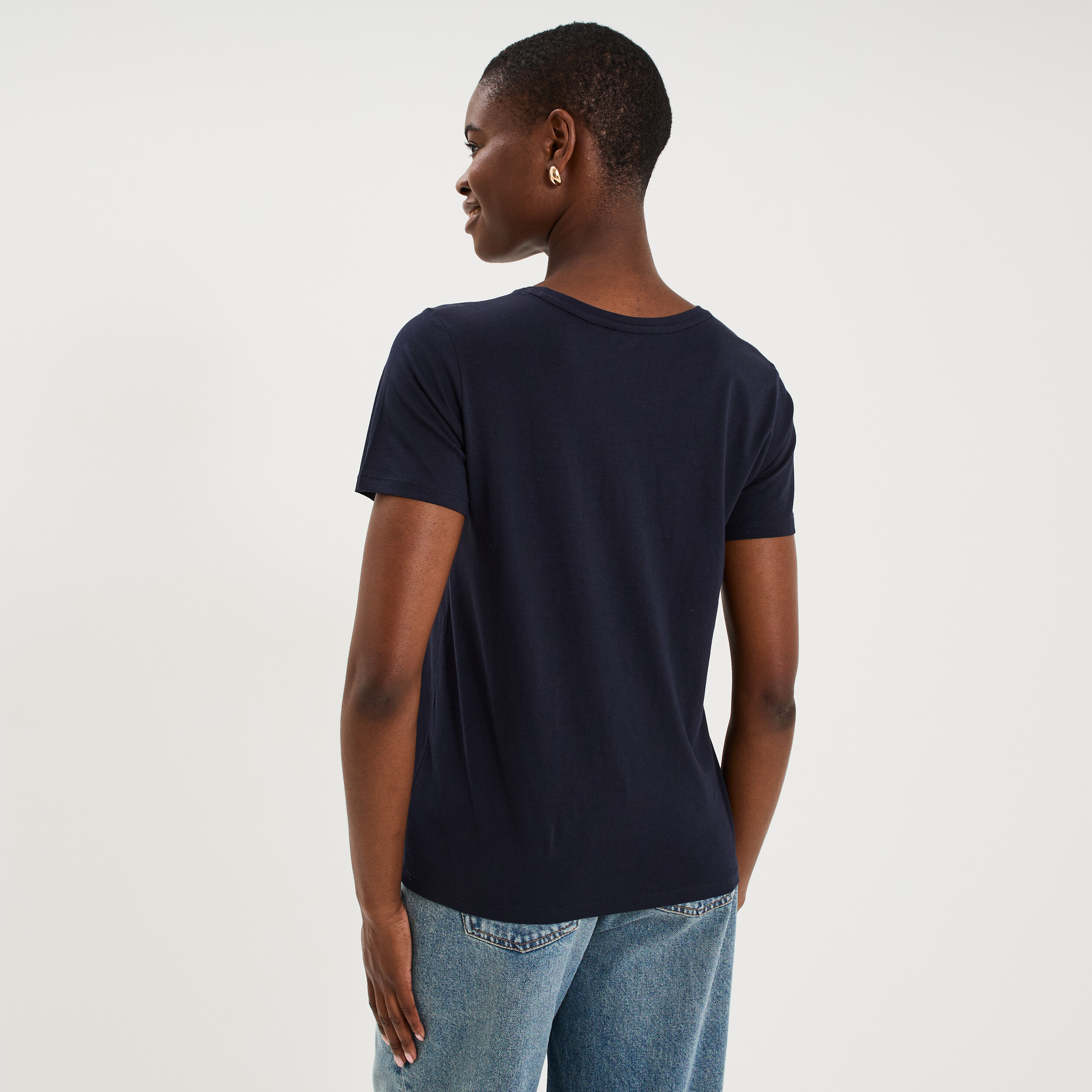 T-shirt ajust&eacute; manches courtes coton bleu marine femme
