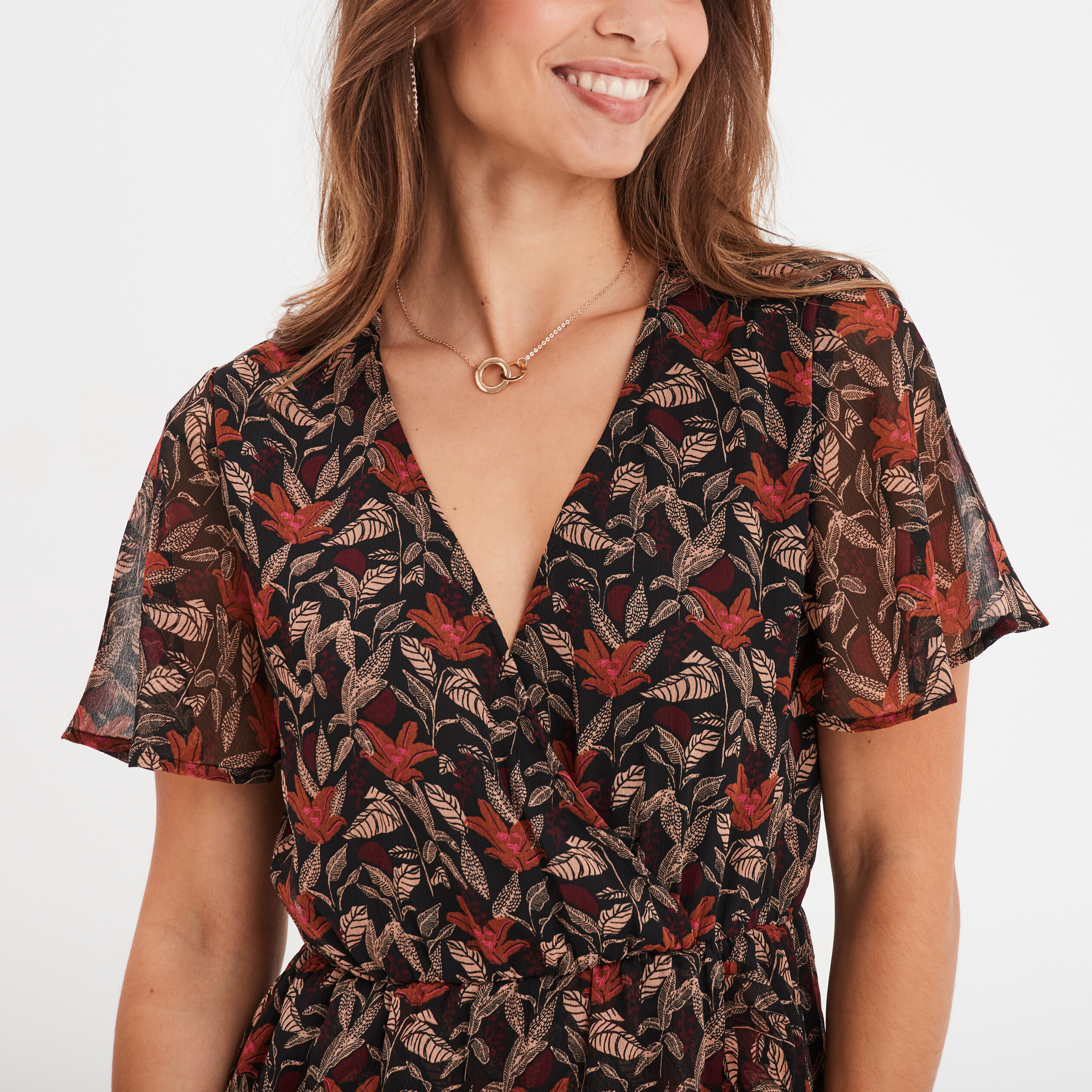 robe col cache coeur manches papillons camel femme Robe col cache-coeur manches papillons camel femme