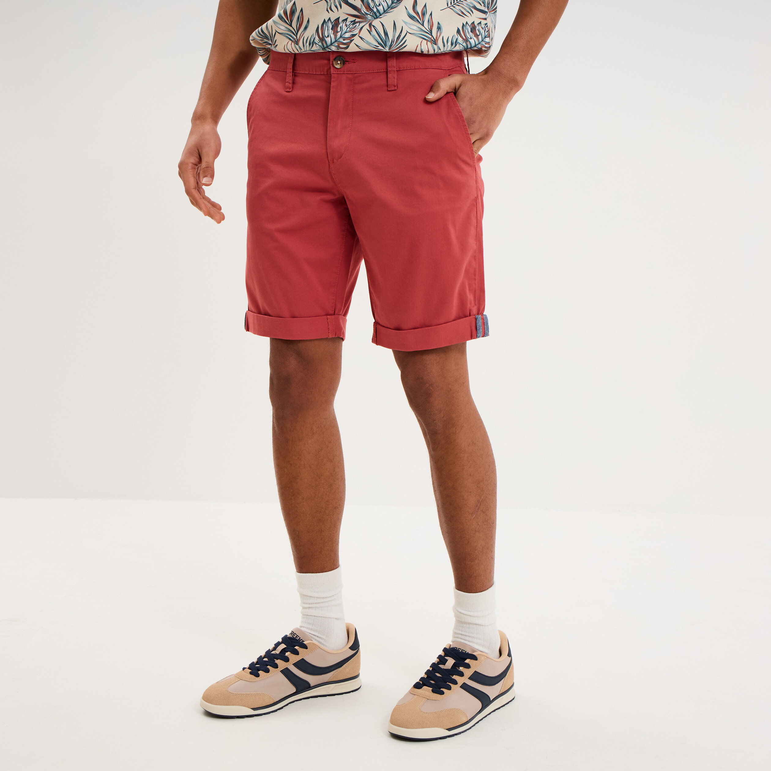 Bermuda short chino straight stretch rose framboise homme