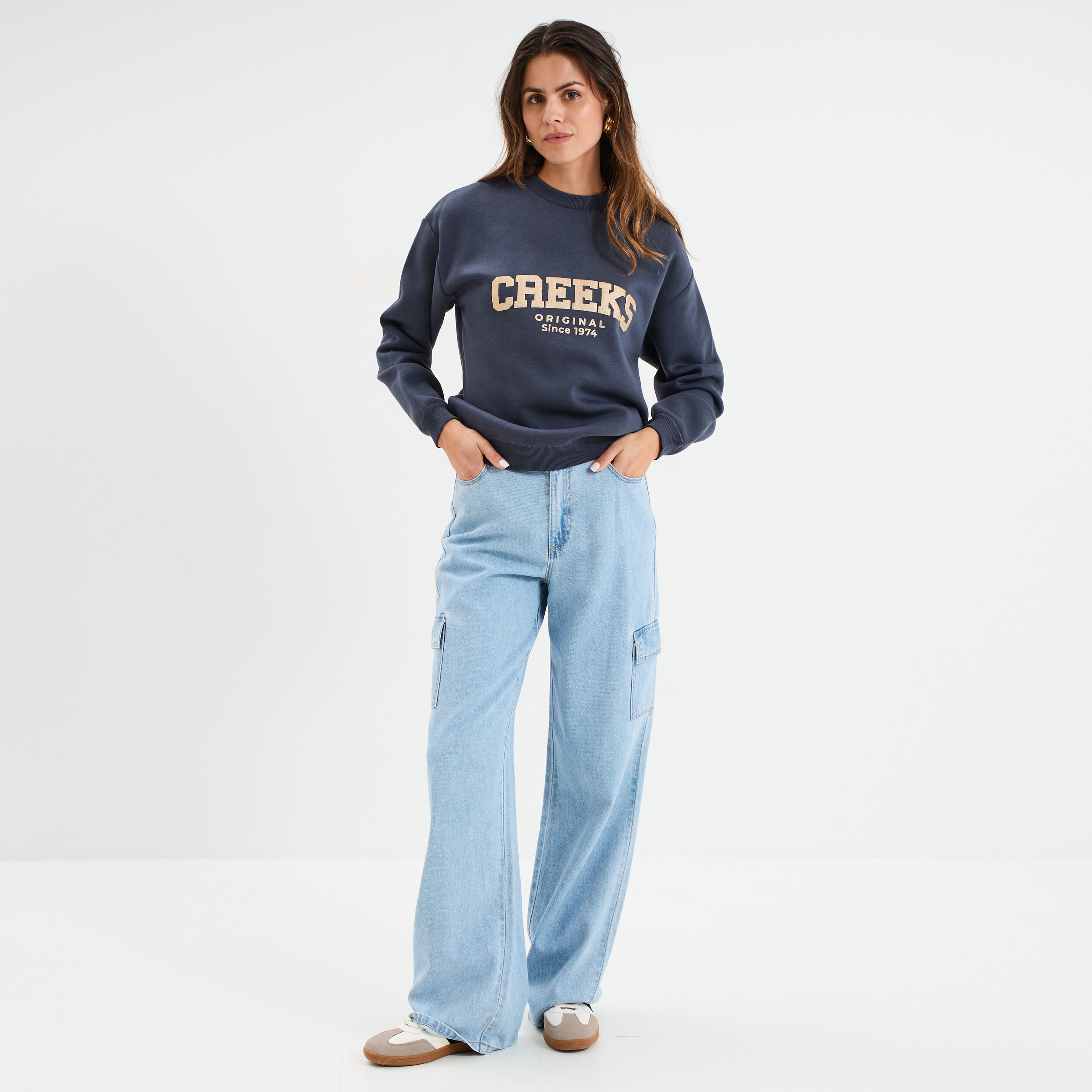 Sweat molleton col rond manches longues bleu fonc&eacute; femme