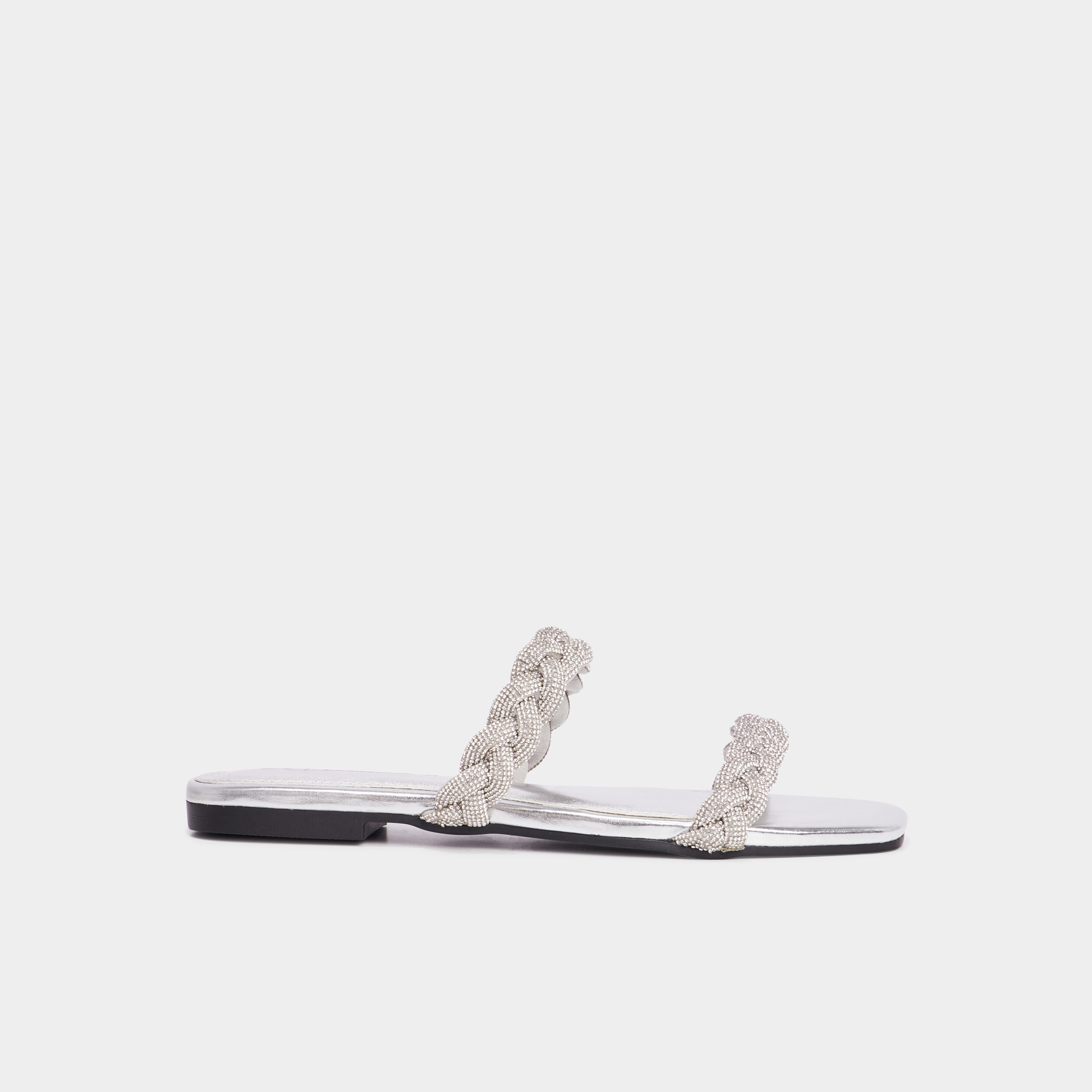 Mules brides tress&eacute;es strass Mosquitos gris argent femme
