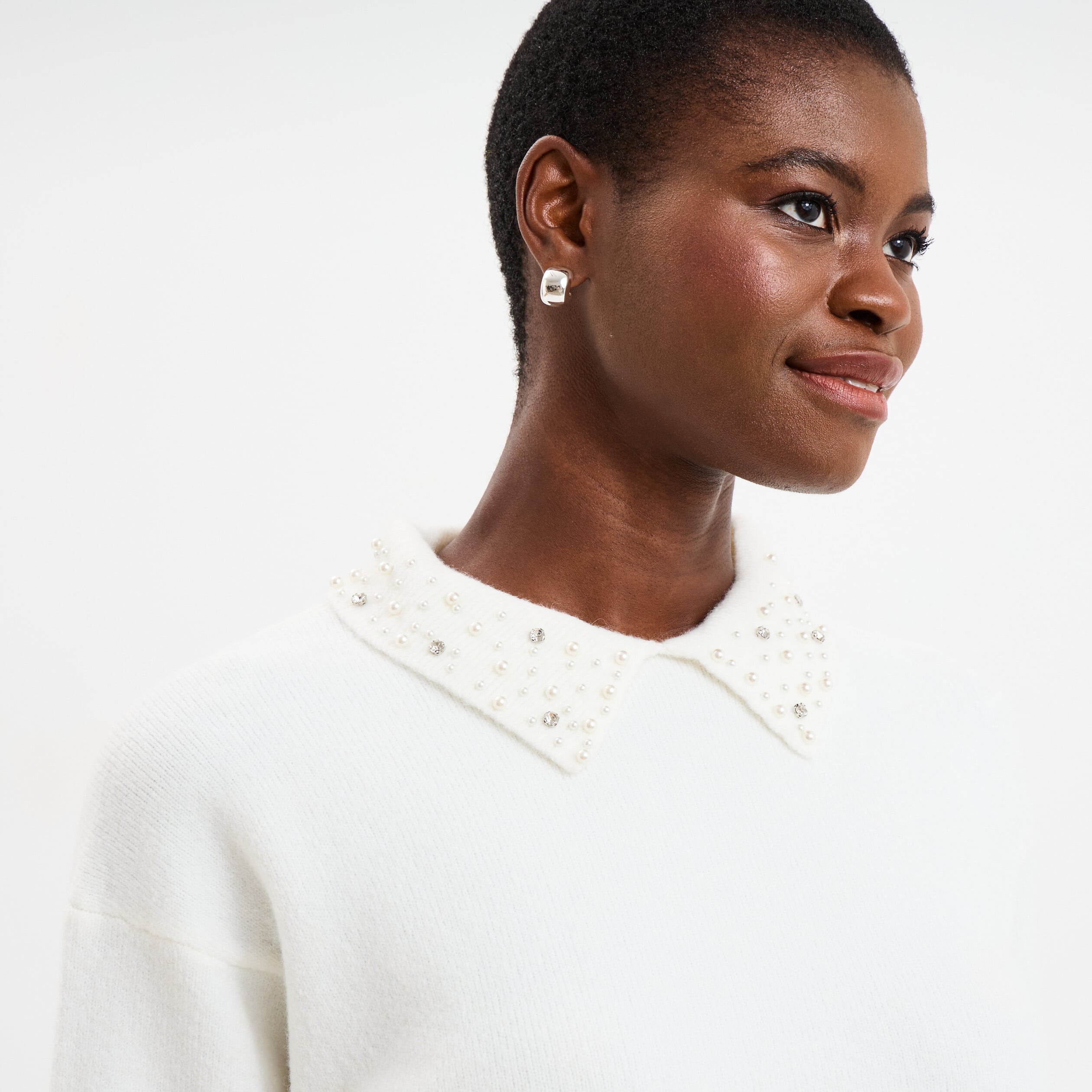 Pull col chemise strass et perles blanc femme